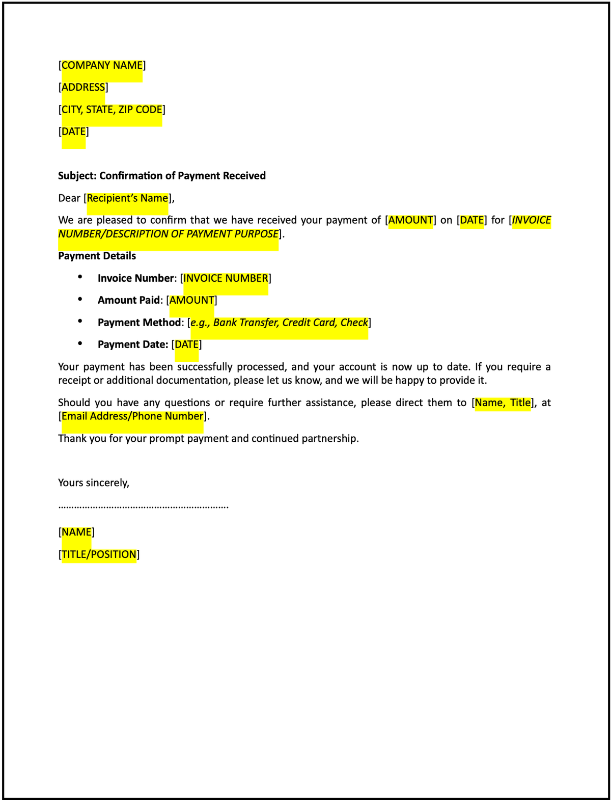 Confirmation Of Payment Letter Free Template