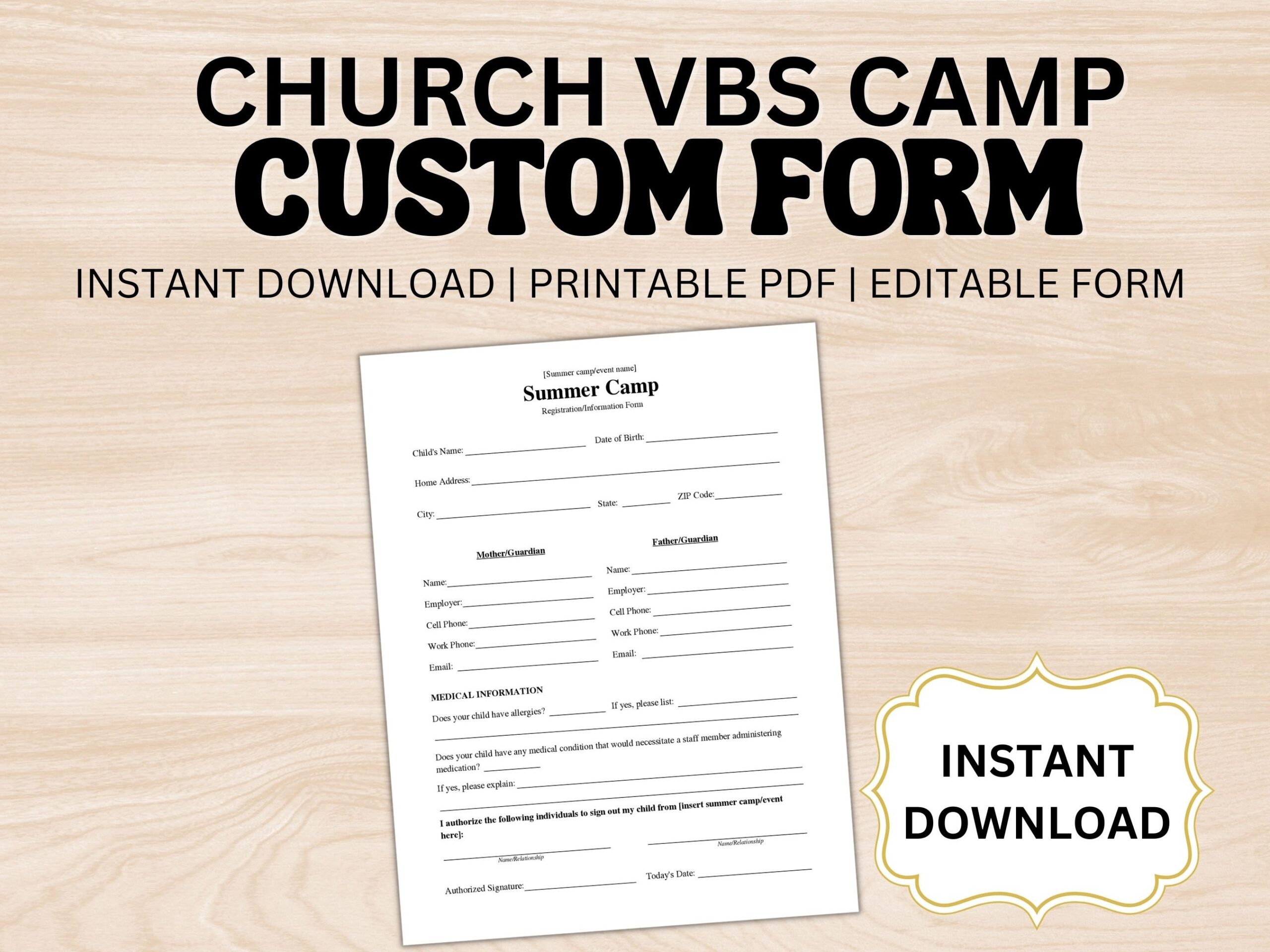 Custom Church Camp VBS Event Registration Editable Instant Digital