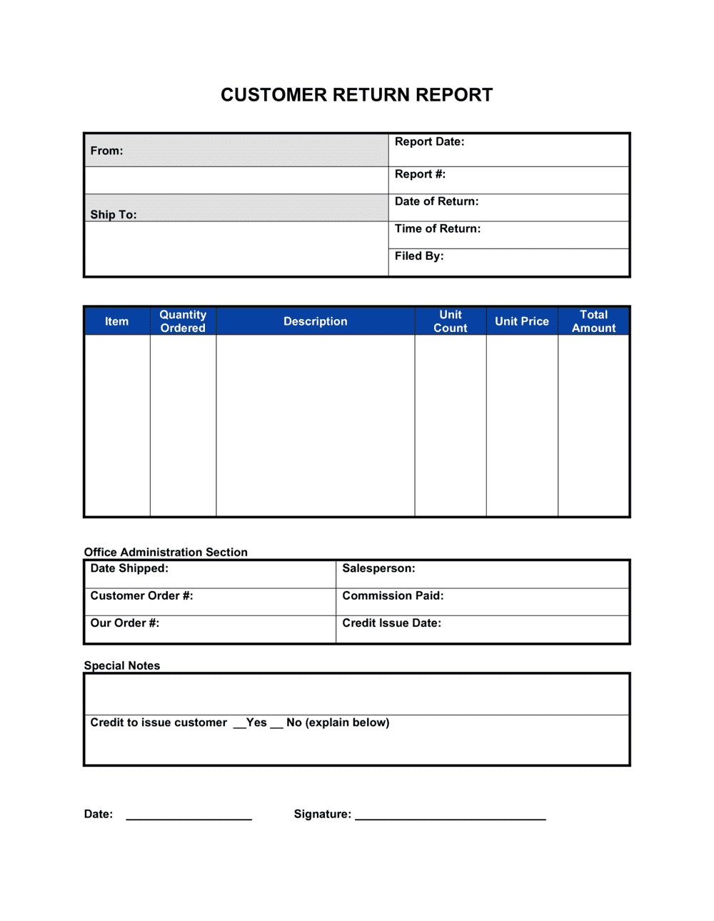 Customer Return Report Template