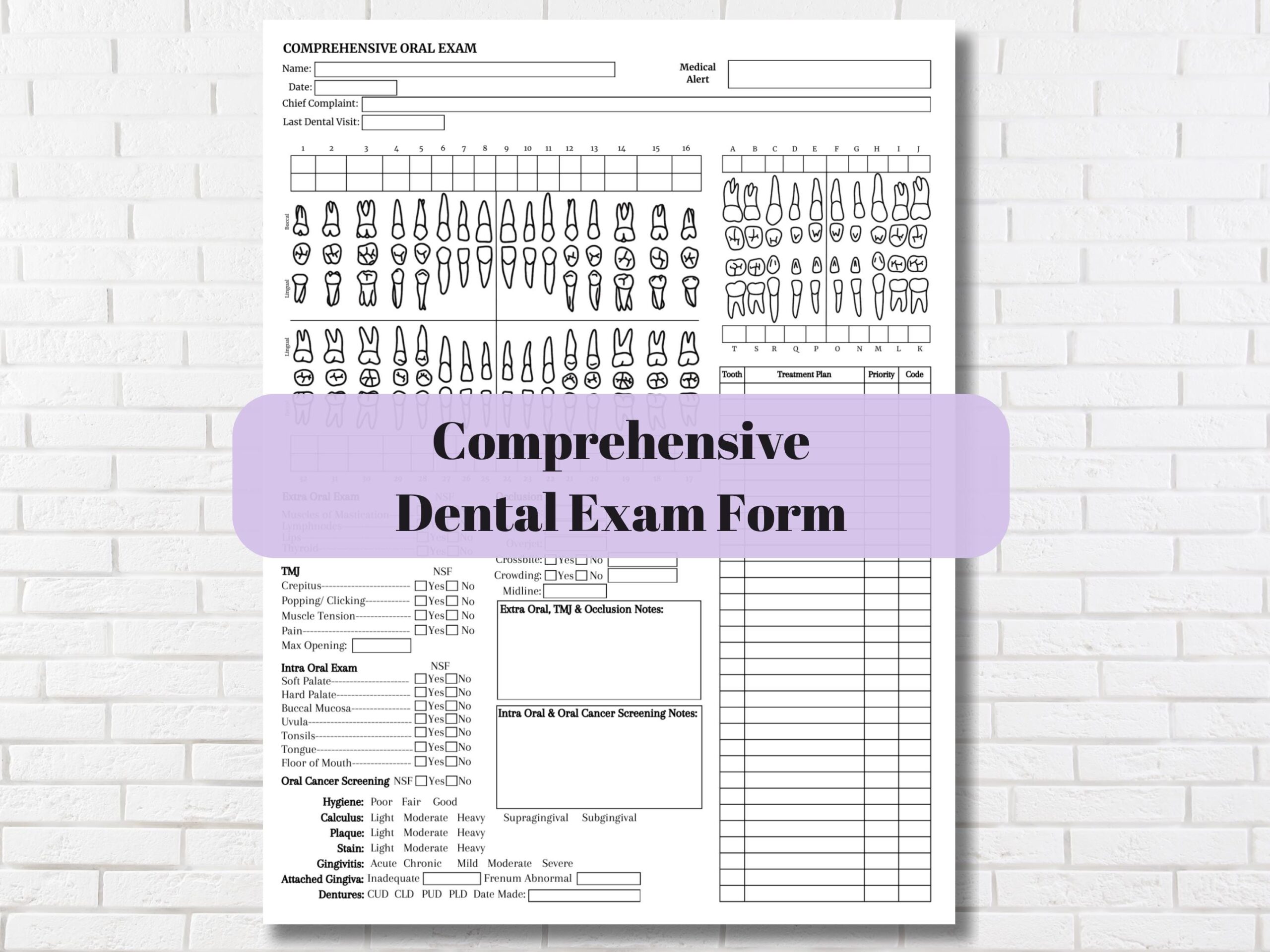 Dental Exam Form Complete Oral Exam Template Dentist Charting Document Dental Patient Record Keeping COE Sheet Dental Office Forms Etsy