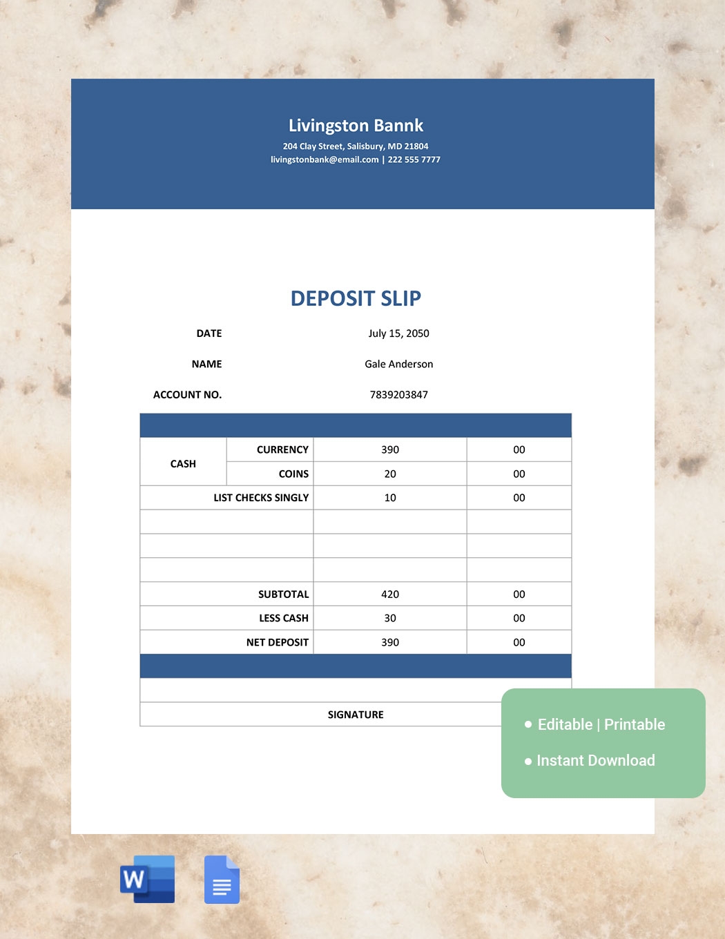 Deposit Slip Format In Word Google Docs Download Template