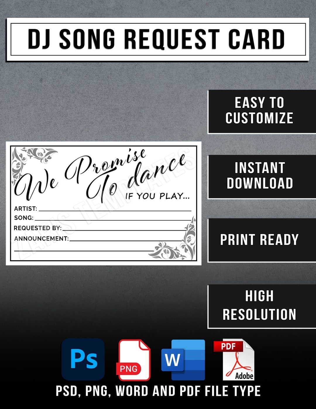 DJ Song Request Template Disc Jockey Song Request Printable Card Instant Download Etsy