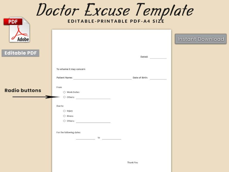 Doctor Excuse Template Medical Excuse Form Physician s Note Template Sick Leave Template Absence Excuse Form Medical Certificate Template Etsy