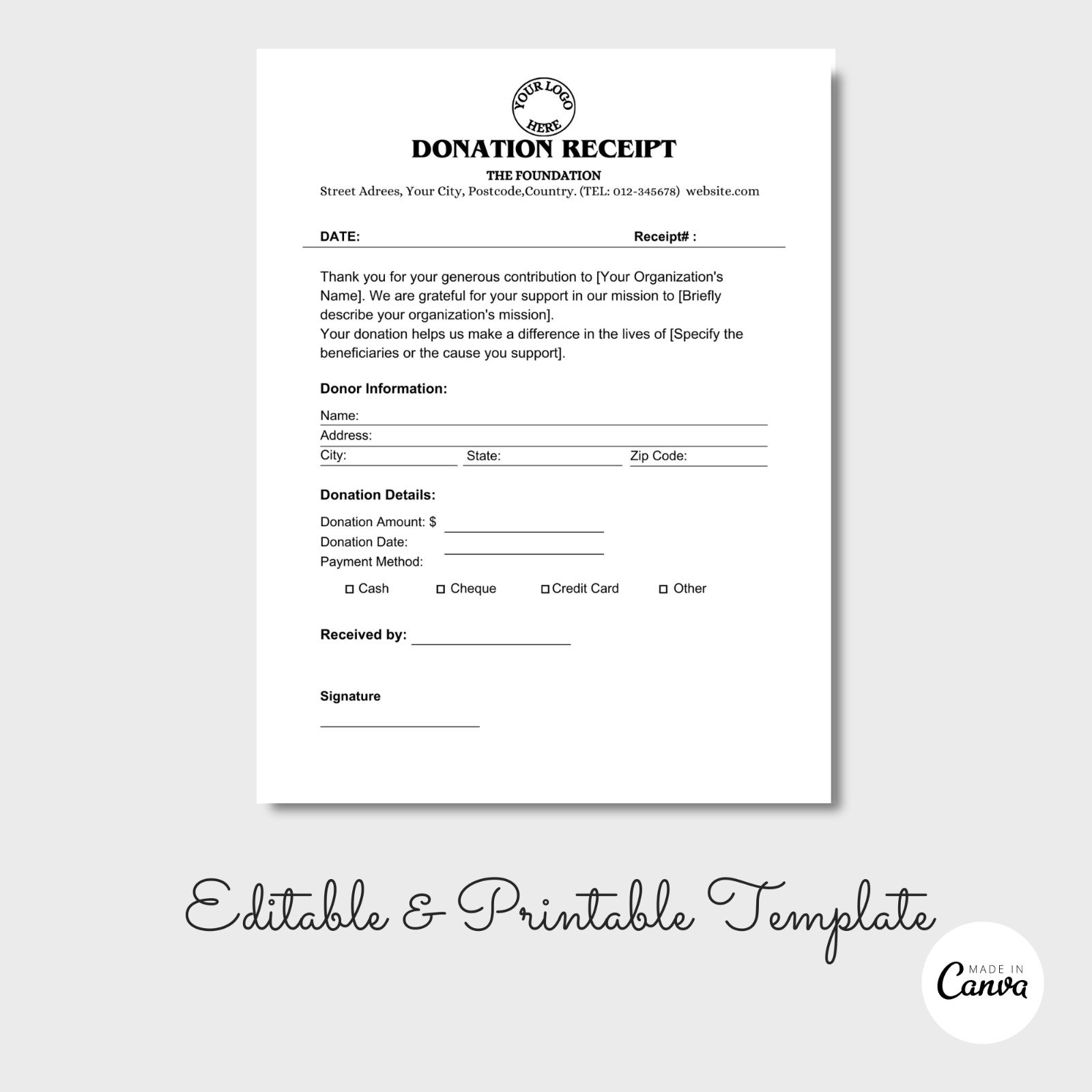 Donation Receipt Template Donation Receipt Form Charity Receipt Charity Invoice PDF Etsy Australia