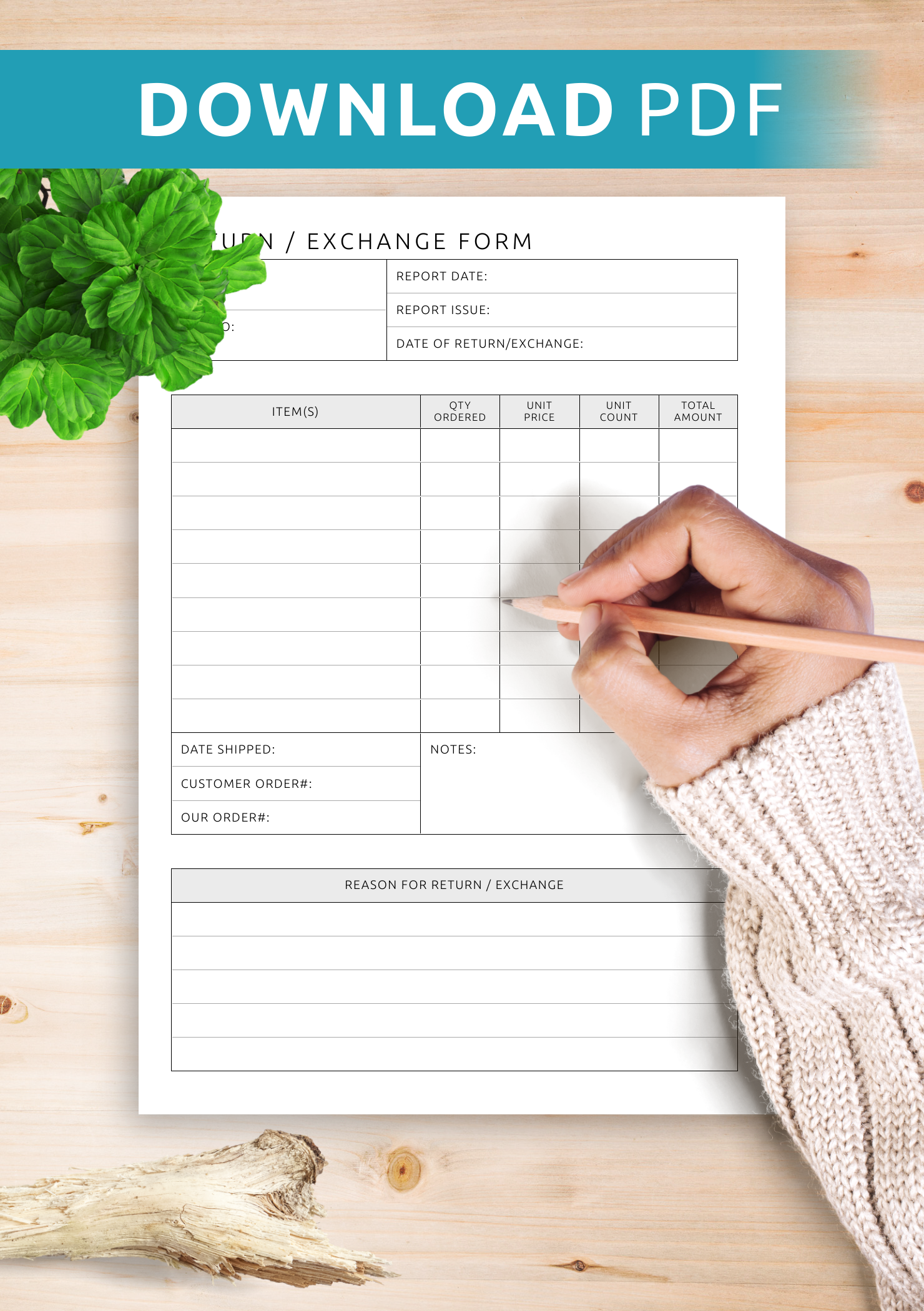 Download Printable Return Exchange Form Template PDF