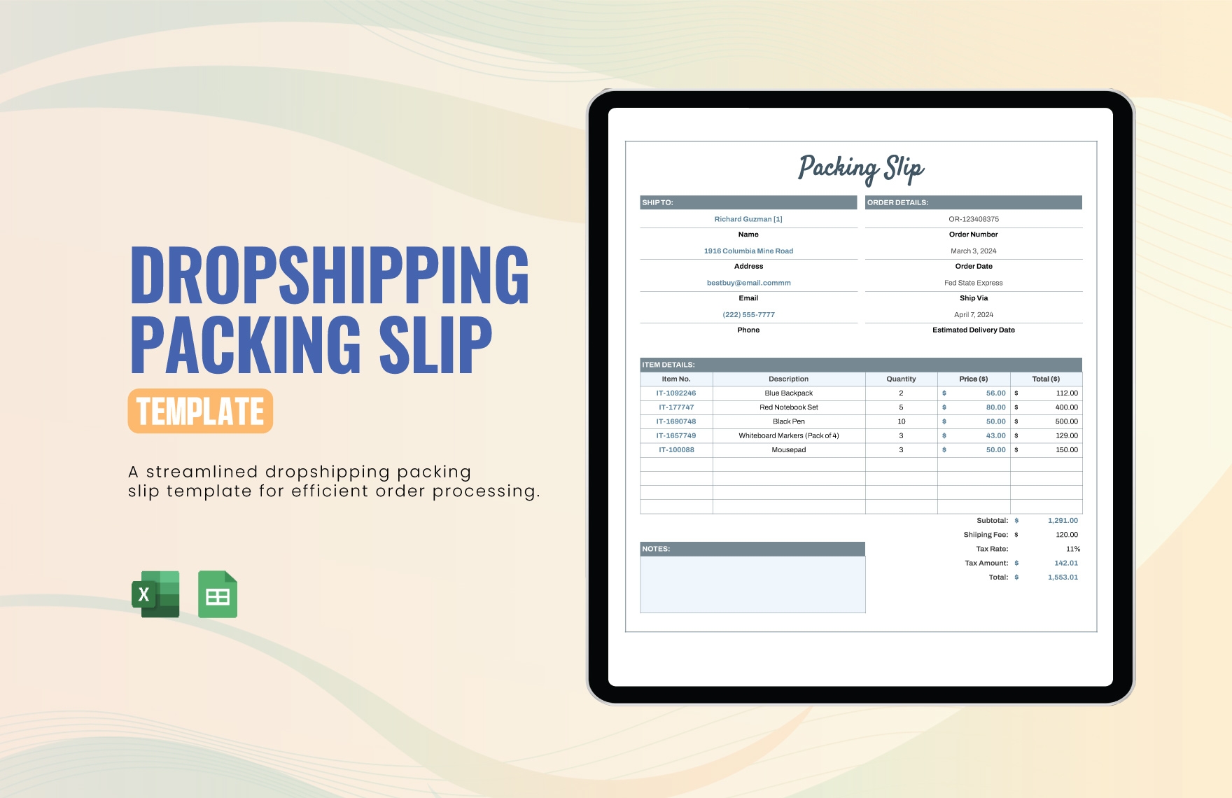 Dropshipping Packing Slip Template In Excel Google Sheets To 