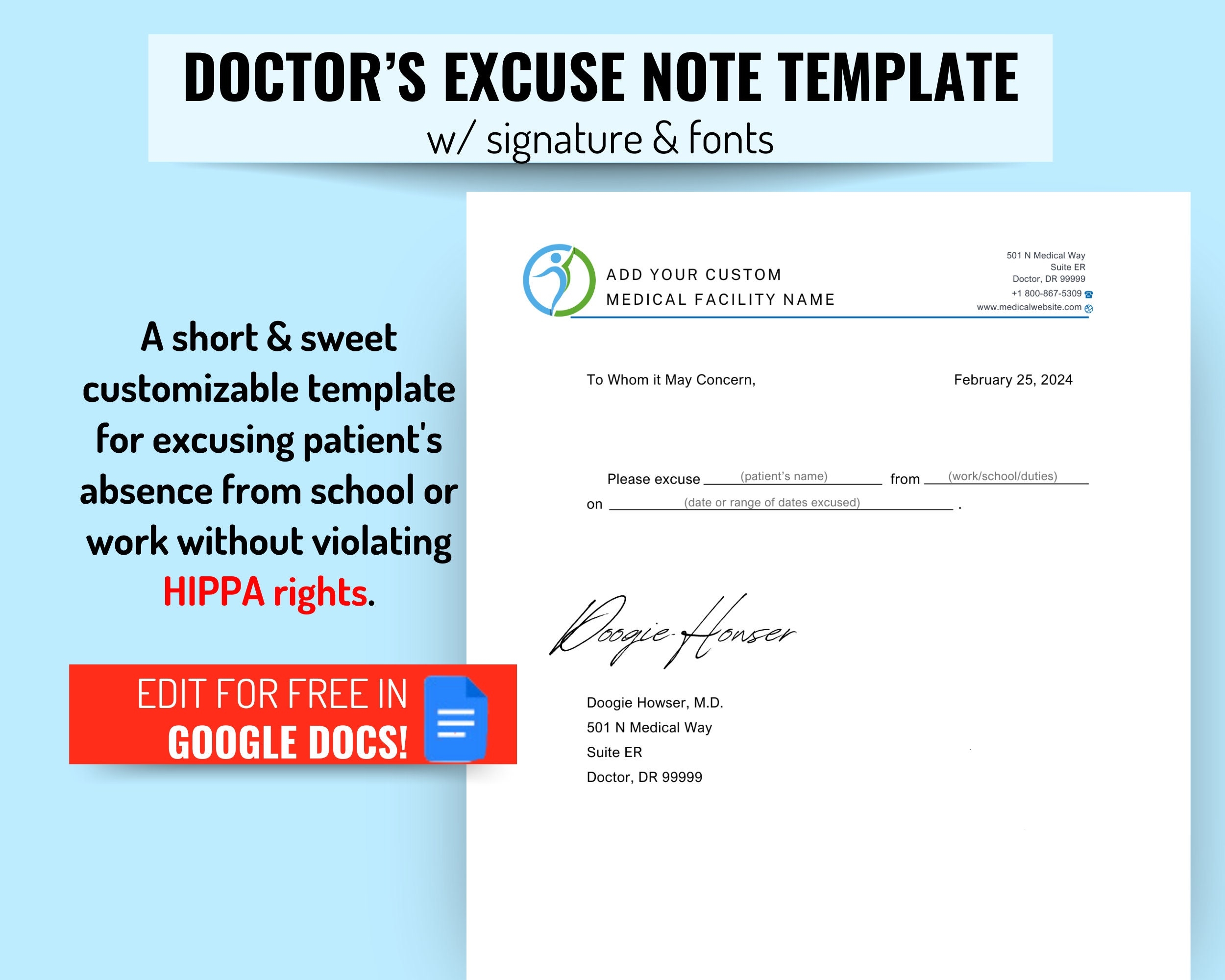 Editable Doctor s Excuse Template Medical Excuse Note Drs Note To Return To School Or Work Etsy