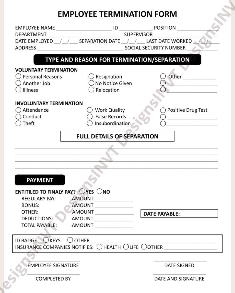 Termination Slip Template