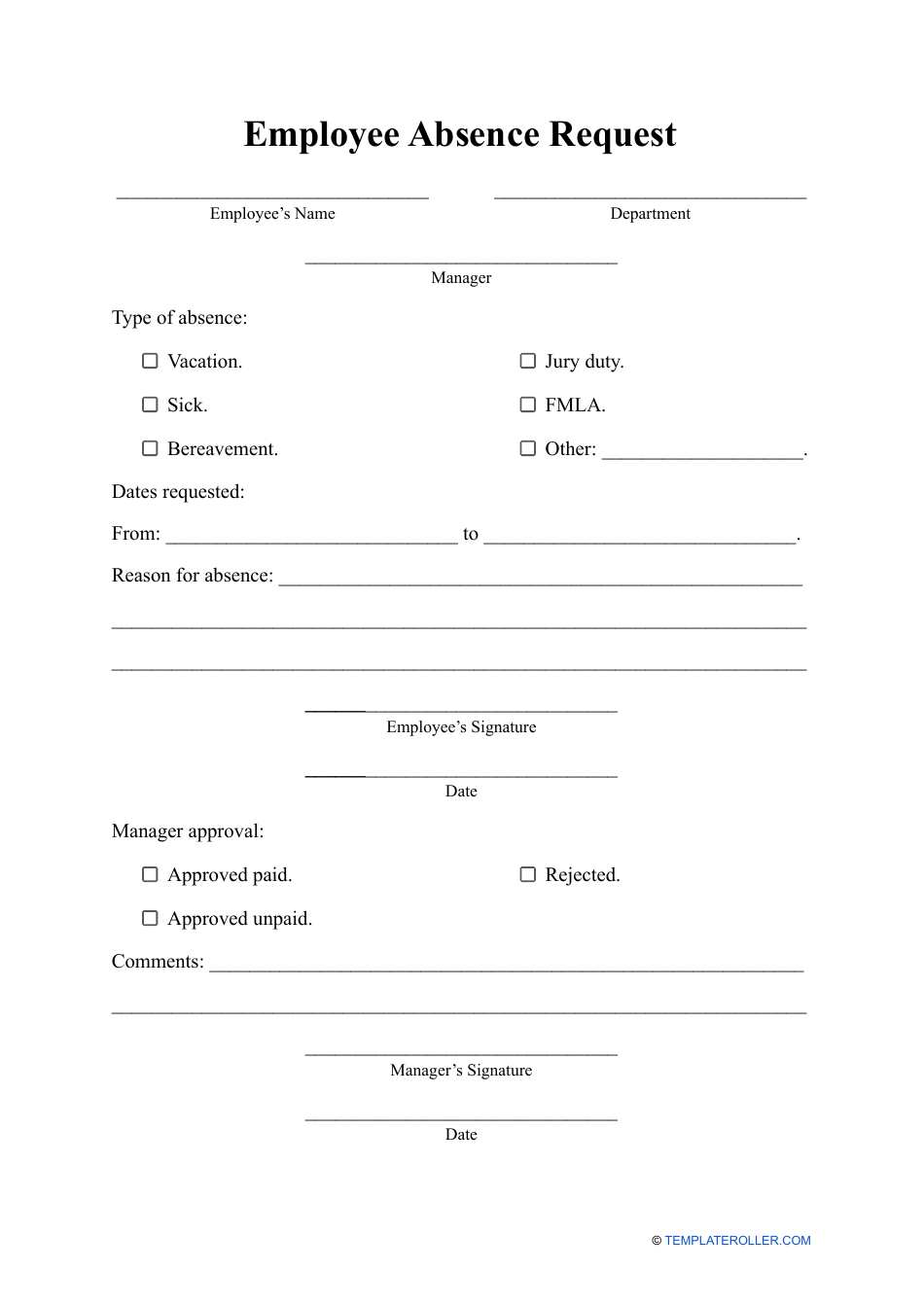 Employee Absence Request Form Fill Out Sign Online And Download PDF Templateroller