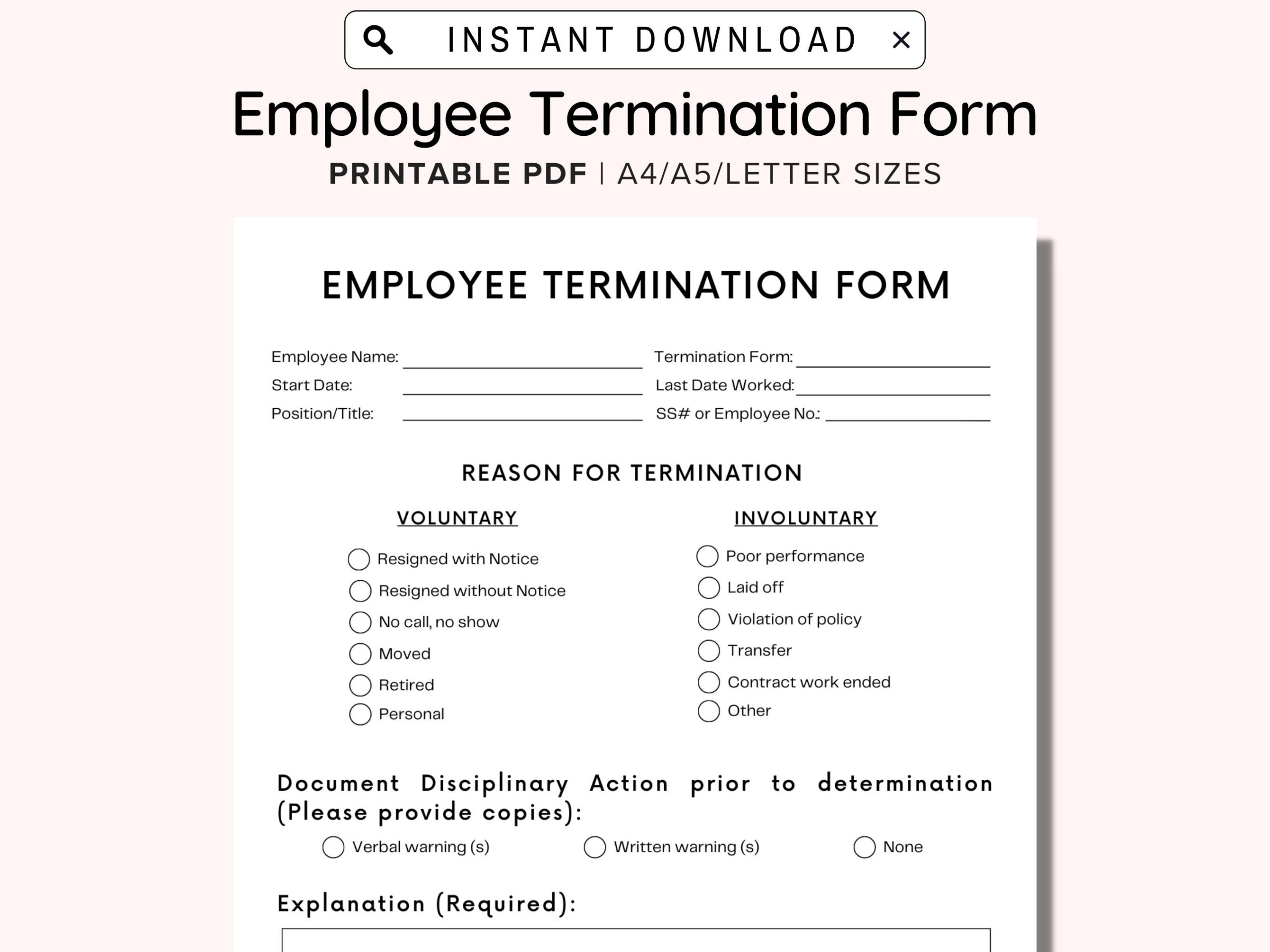 Employee Termination Form Printable Employee Termination Form Editable Employee Termination Form Business Tools Procedure For Employees Etsy