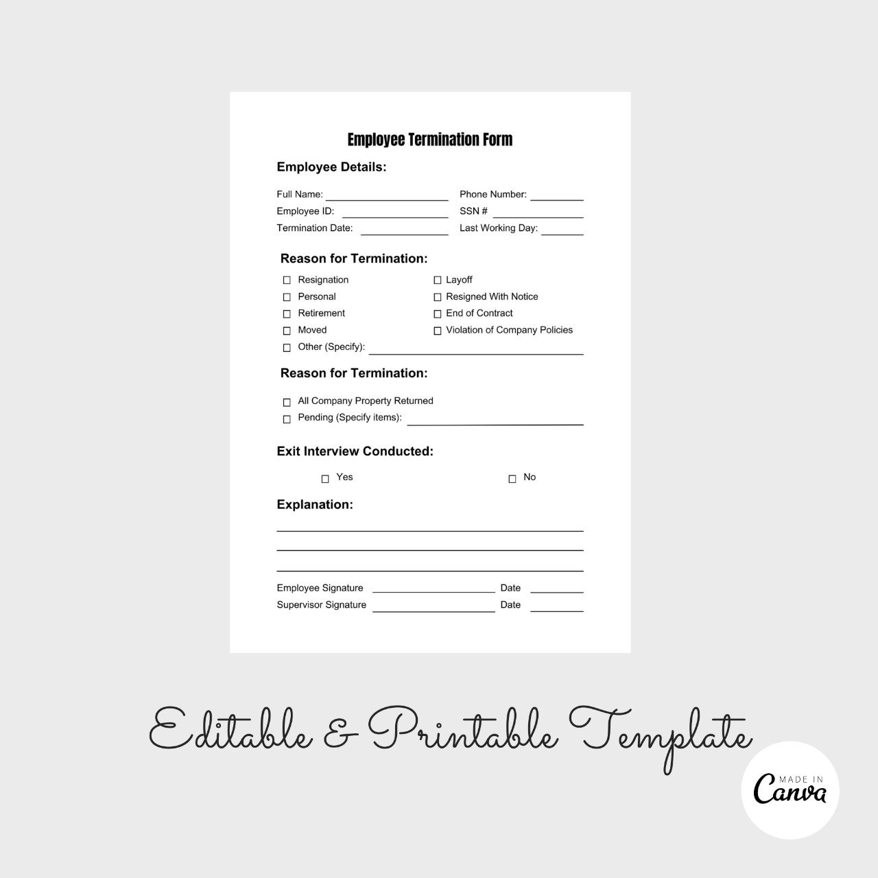 Employee Termination Form Printable Employee Termination Form HR Terminate Employee Form PDF Etsy