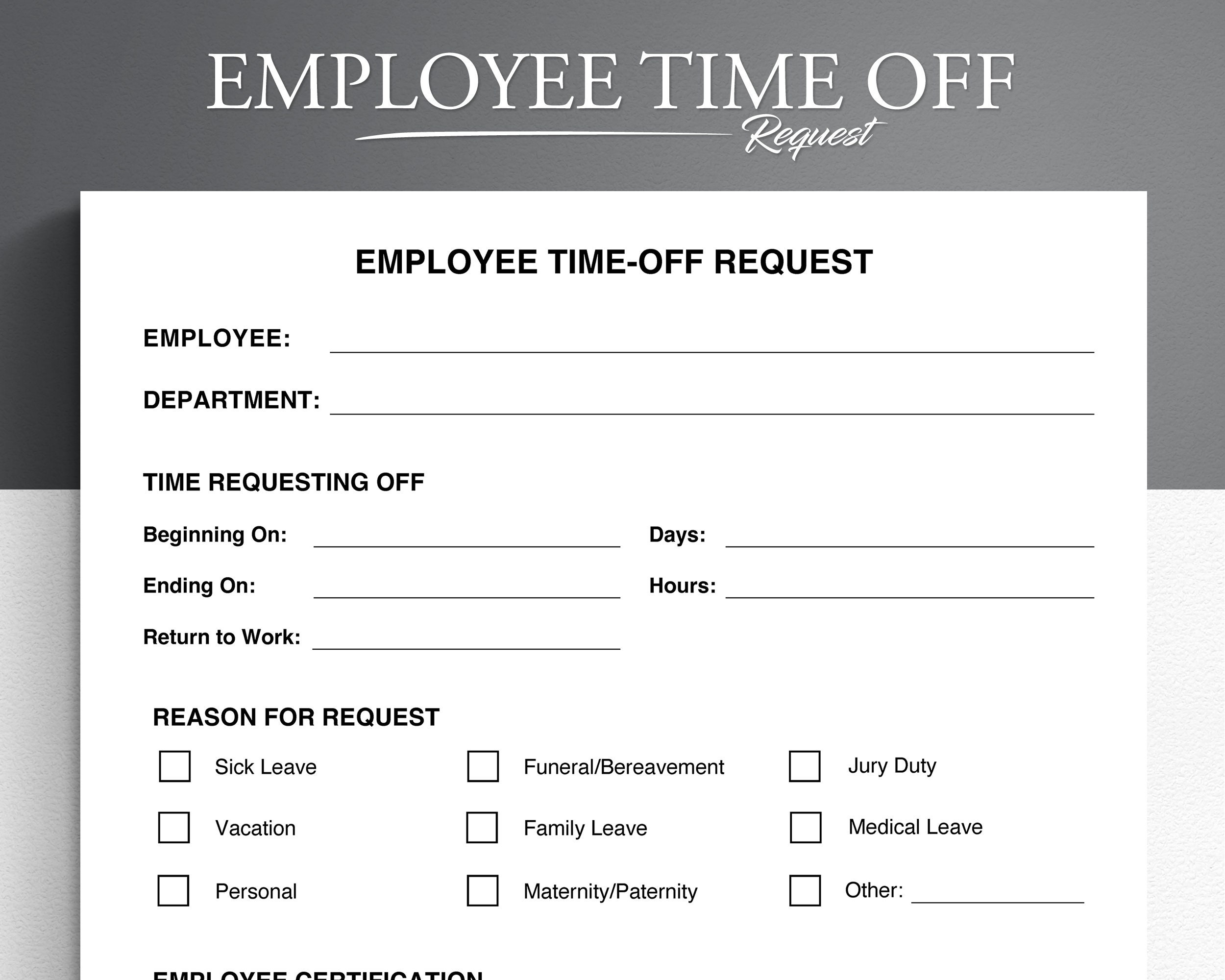Employee Time off Request Template Vacation Request Form PTO 