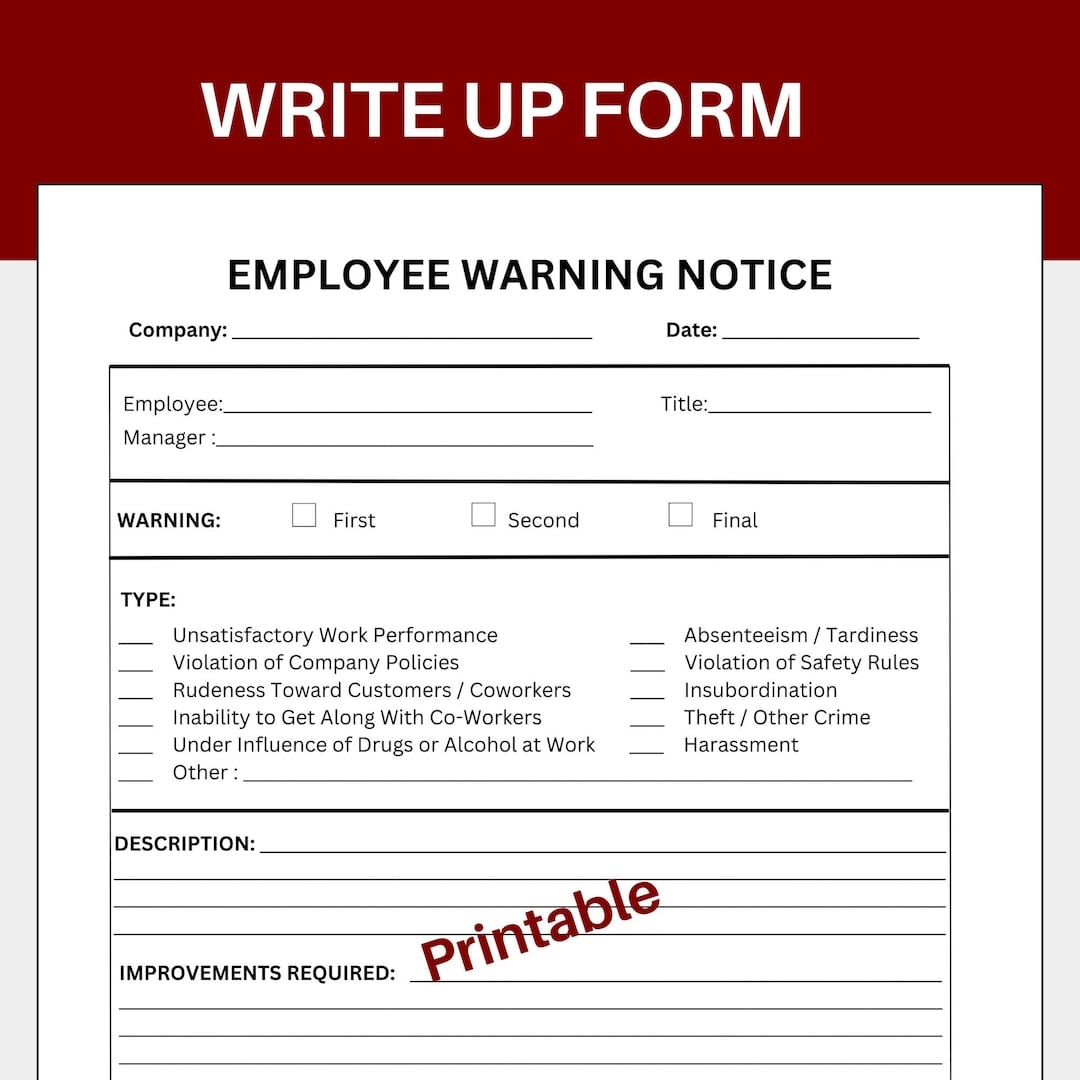 Employee Write Up Form Staff Write Up Form Employee Write Up Format Write Up Form Write Up Paperwork Written Write Up Form Write Up Etsy UK