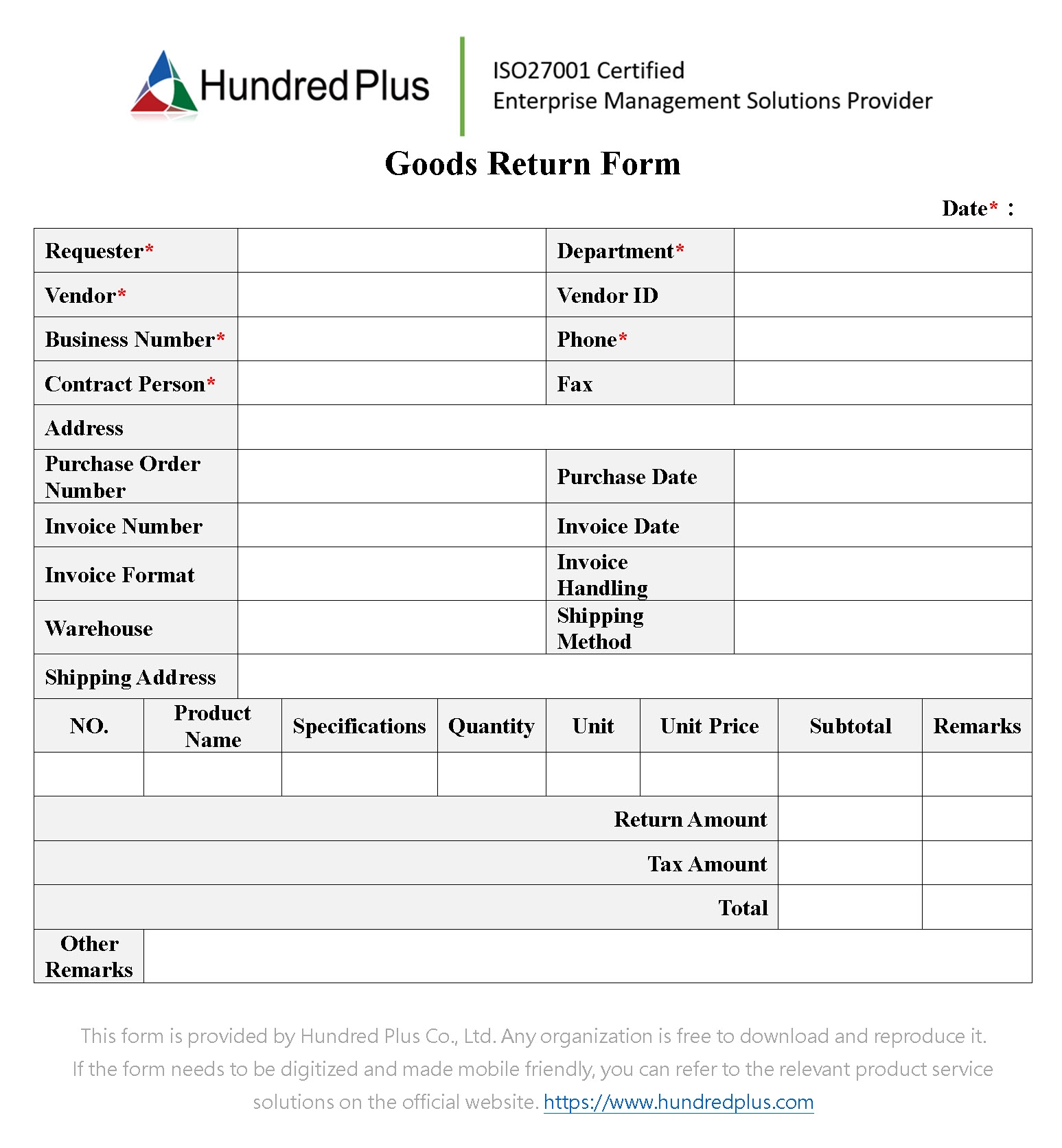Example Form Goods Return Form 101EIP