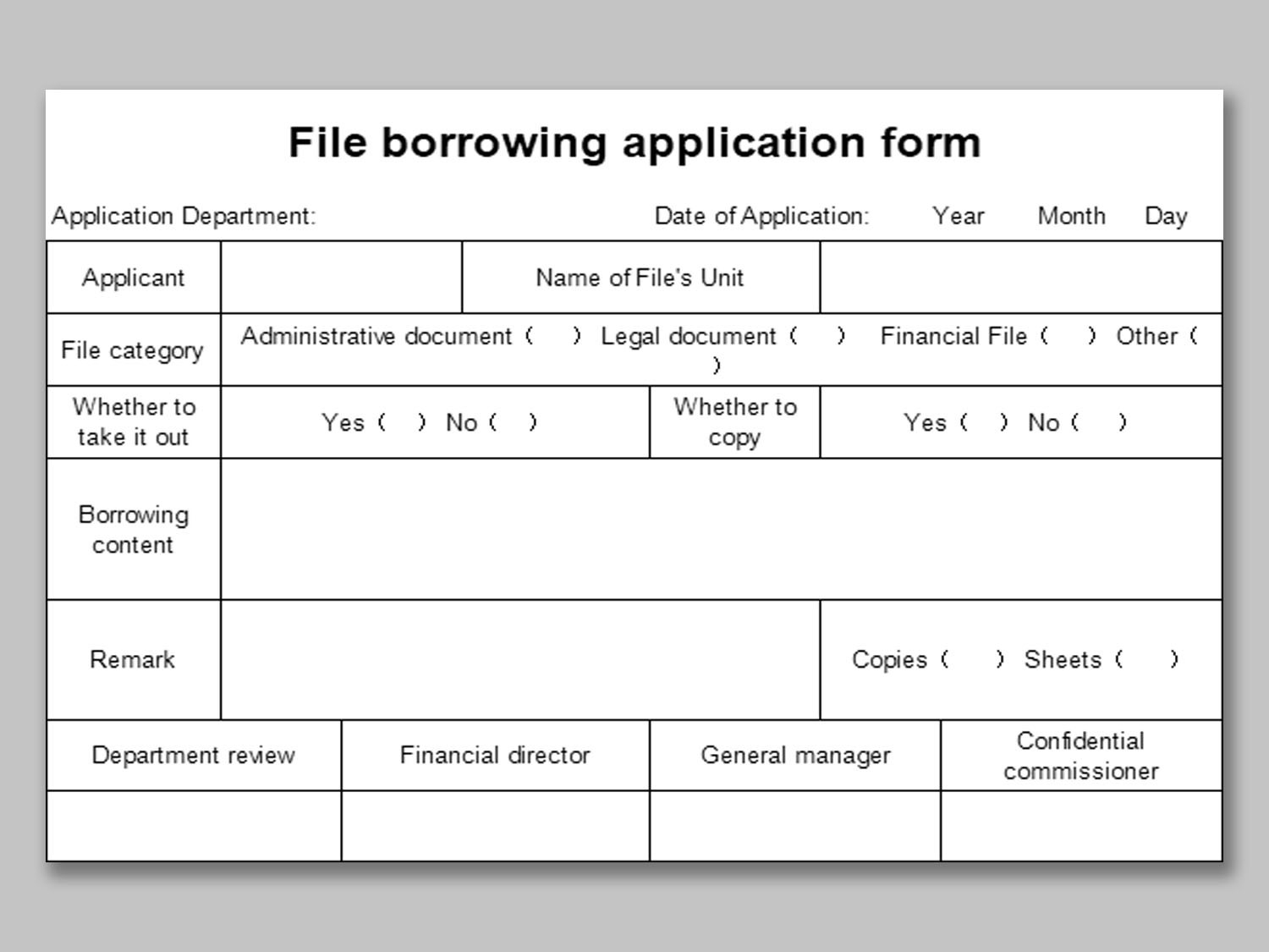 EXCEL Of File Borrowing Application Form xlsx WPS Free Templates