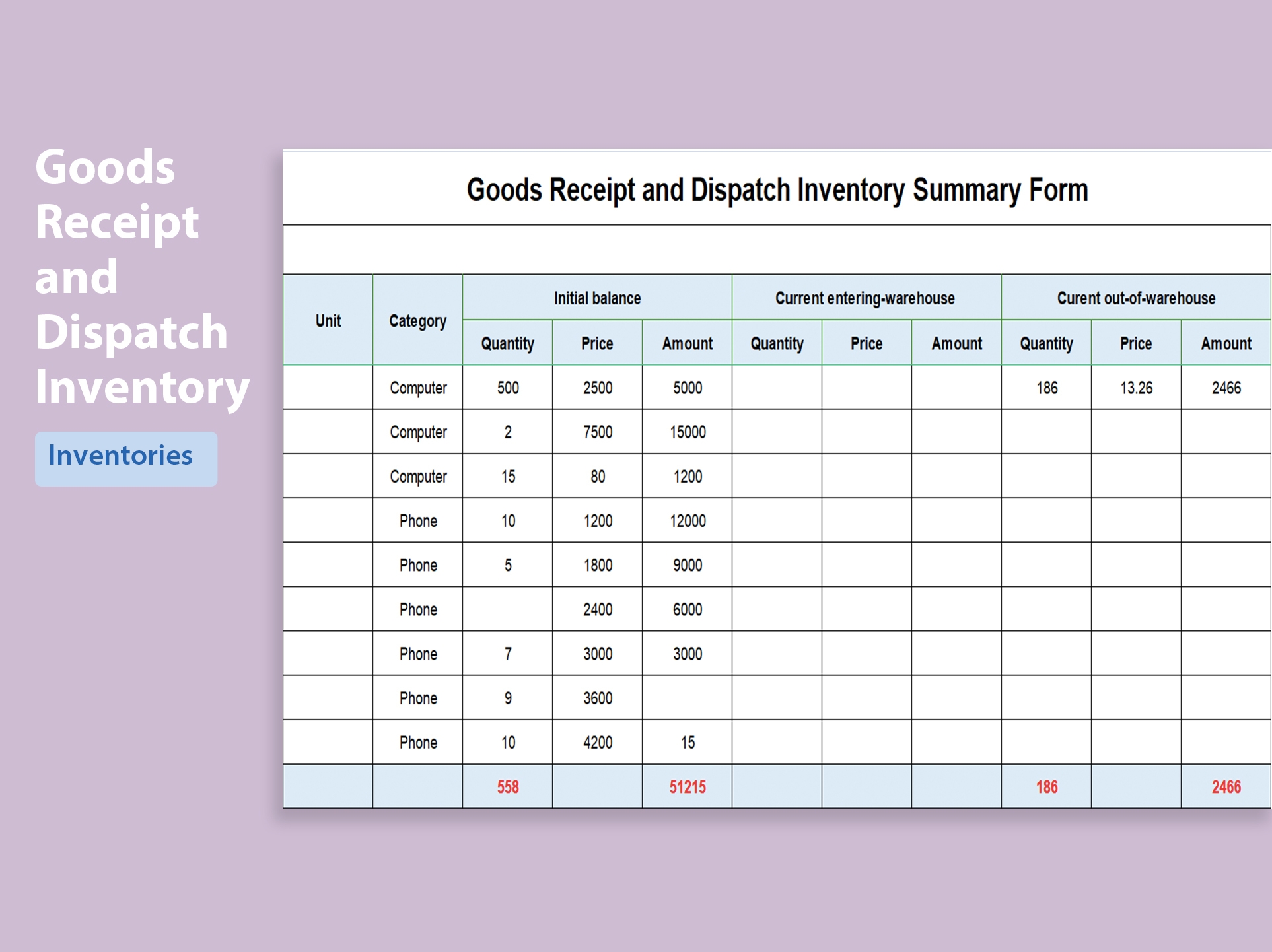 EXCEL Of Goods Receipt And Dispatch Inventory Summary Form xlsx WPS Free Templates