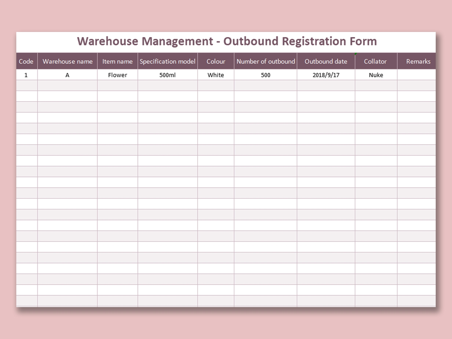 EXCEL Of Pink Warehouse Management Outbound Registration Form xlsx WPS Free Templates