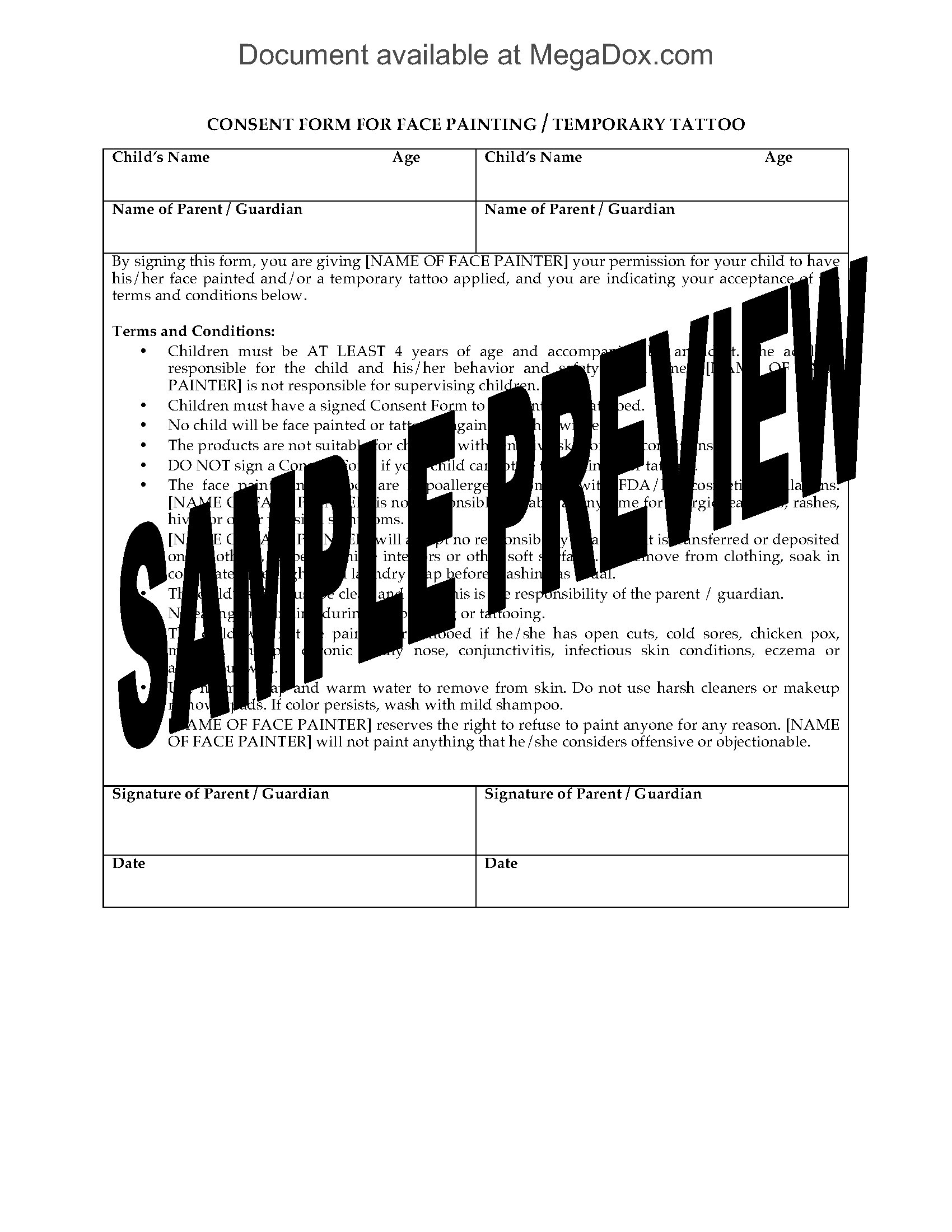 Face Painting Consent And Release Forms MegaDox