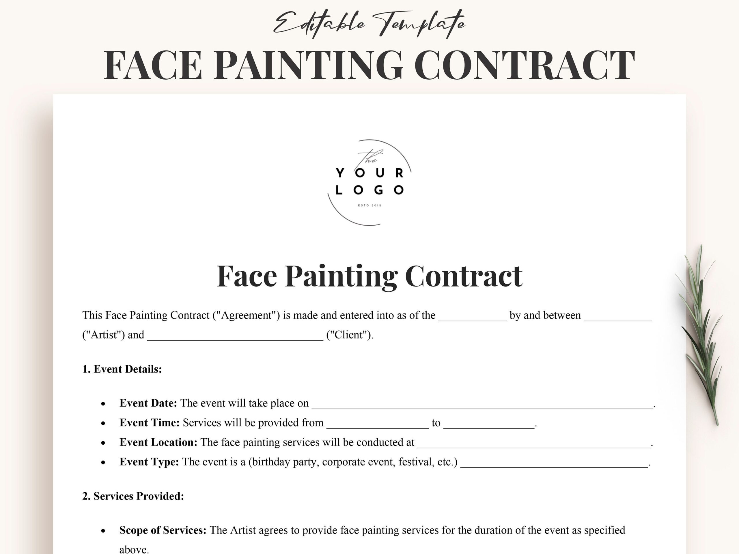 Face Painting Contract Agreement face Painters Client Event Kit 