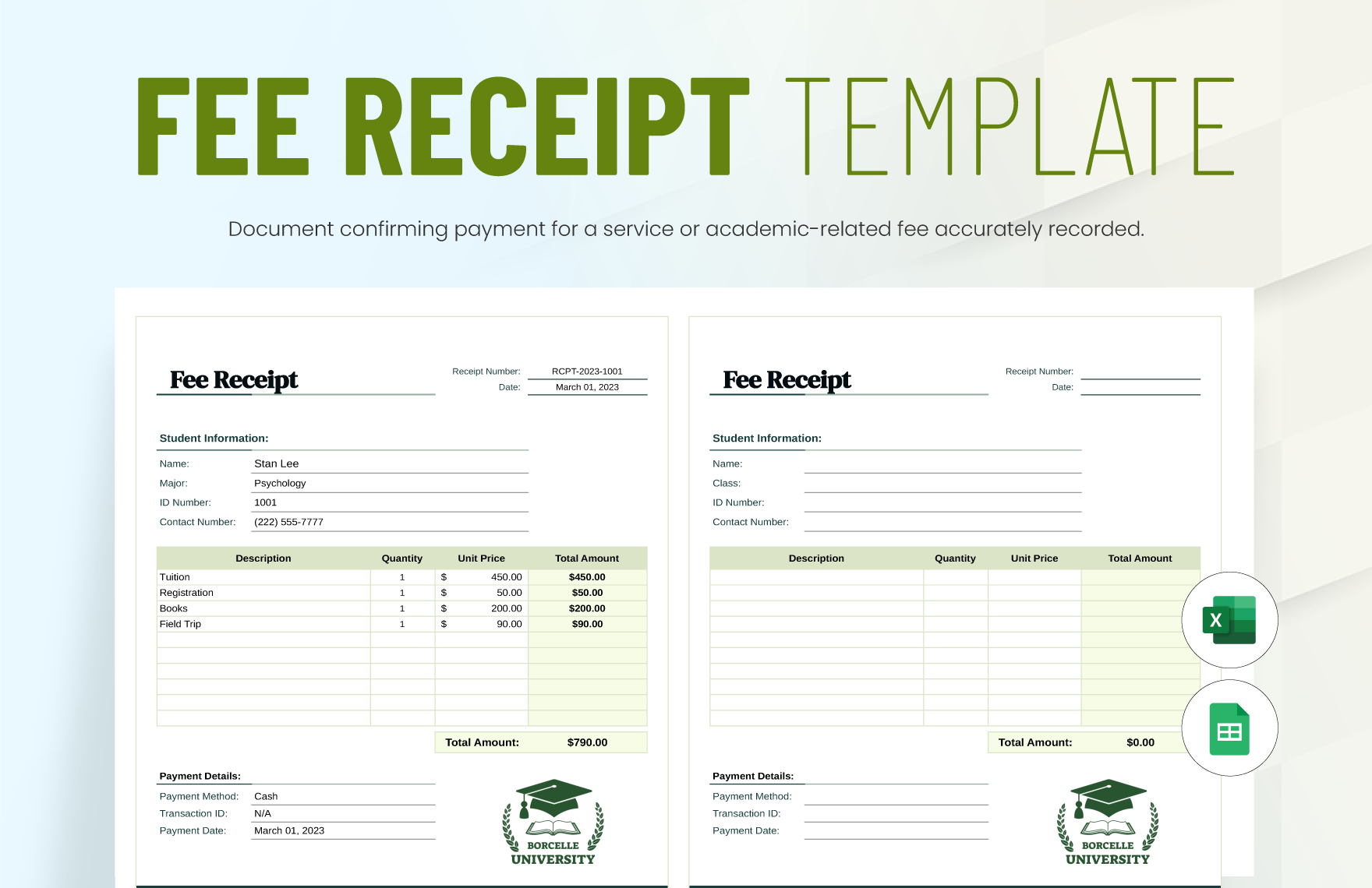 Fee Receipt Template In Excel Google Sheets Download Template