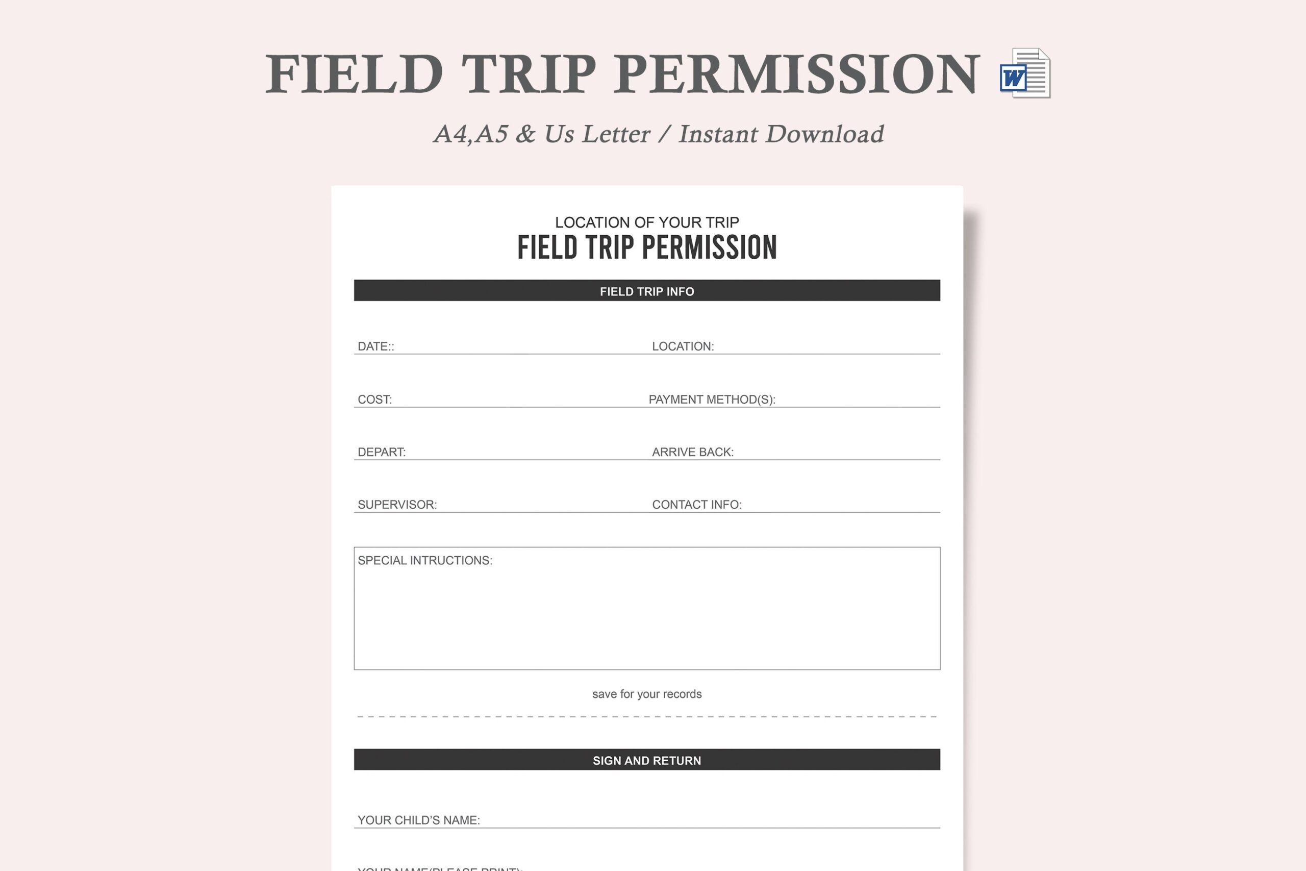 Field Trip Form field Trip Template field Trip Permission Slip Template blank Field Trip Permission Slip Etsy