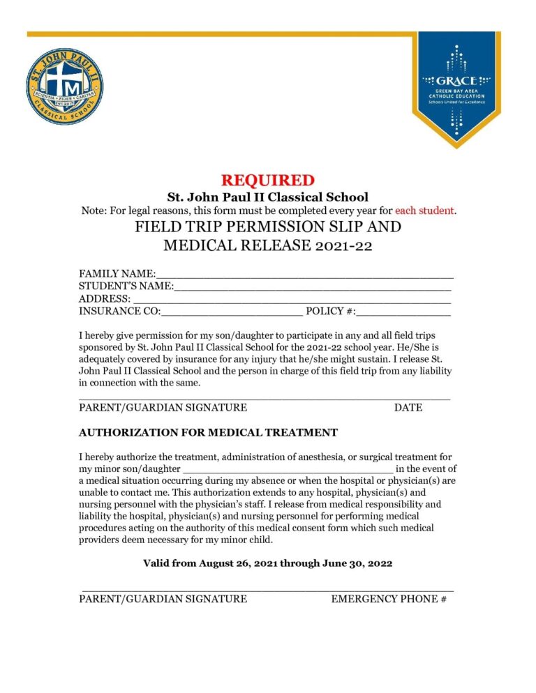 Field Trip Permission Slip and Medical Release Form 2021 22 St John Paul