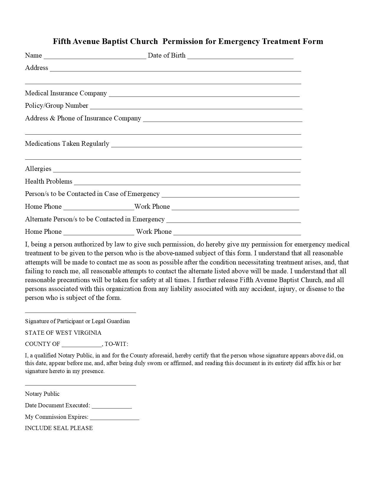 Youth Ministry Permission Slip Template