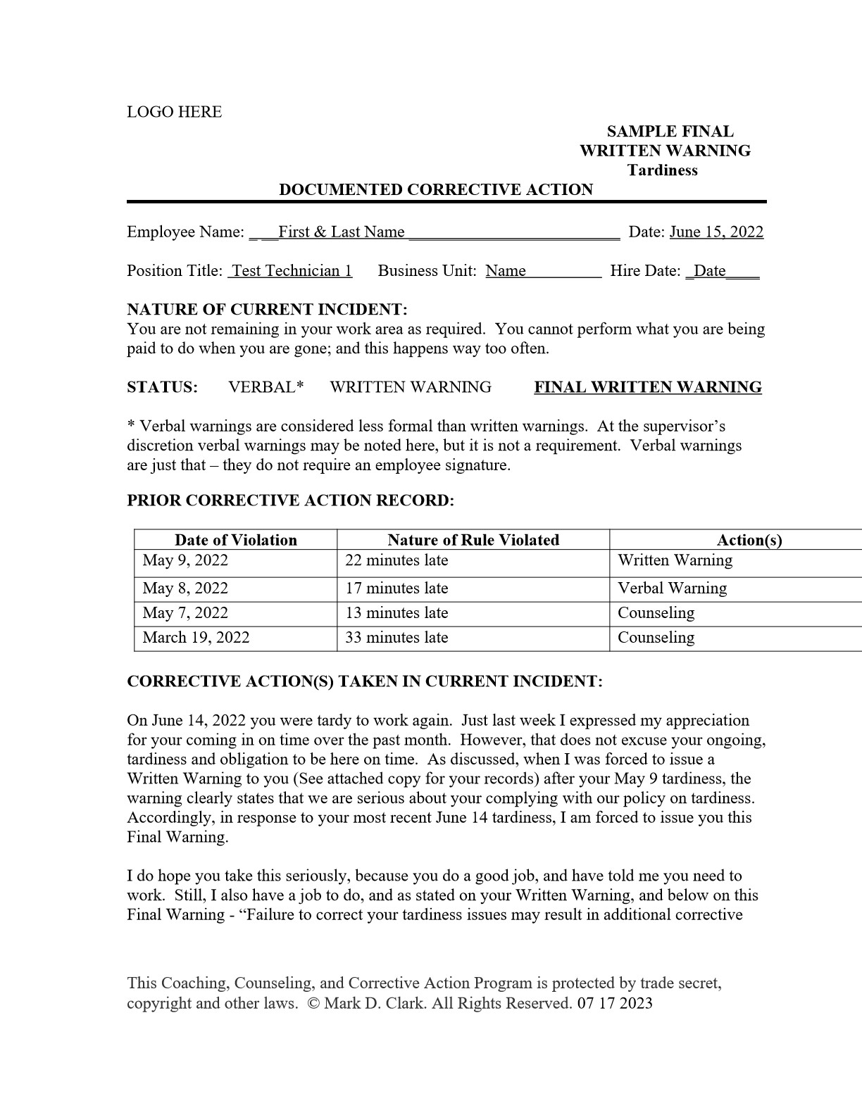 Employee Late Slip Template