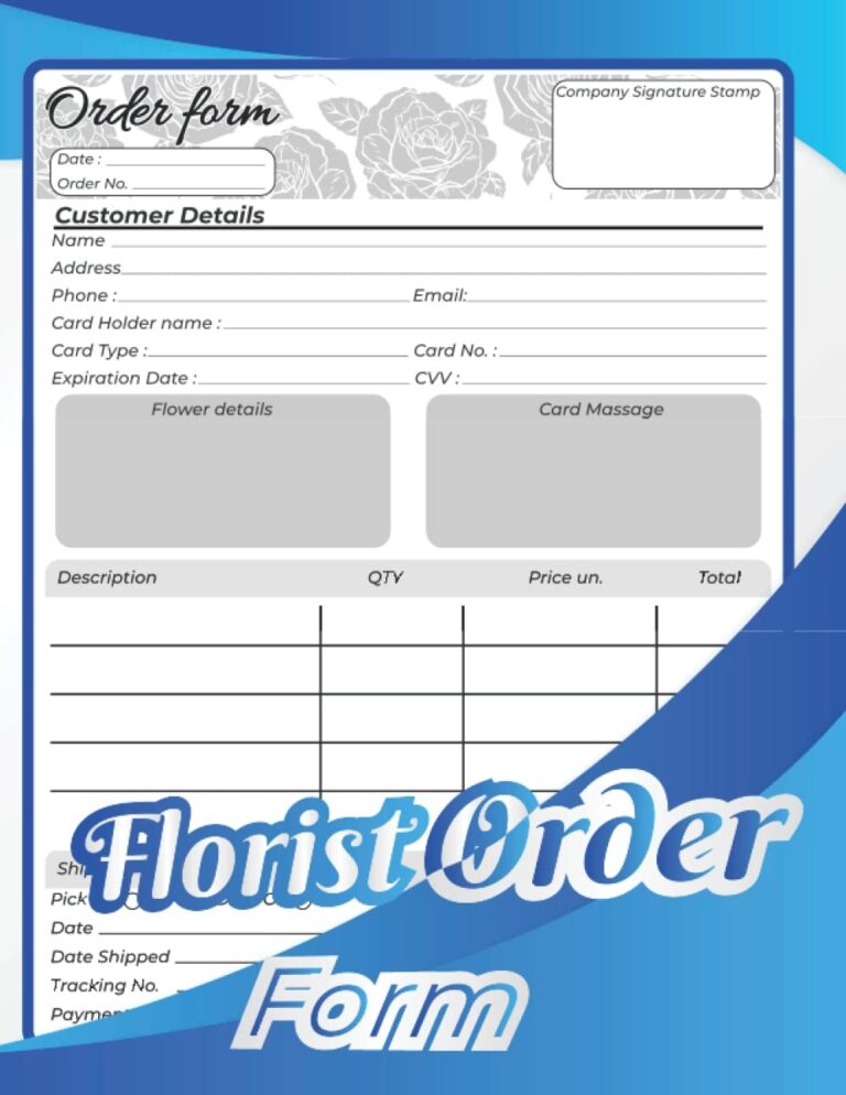 Florist Order Form Book Flower Daily Sales Client Order Tracker Flower Shop Business Planner Up To 50 Order Forms one Full One Blank 