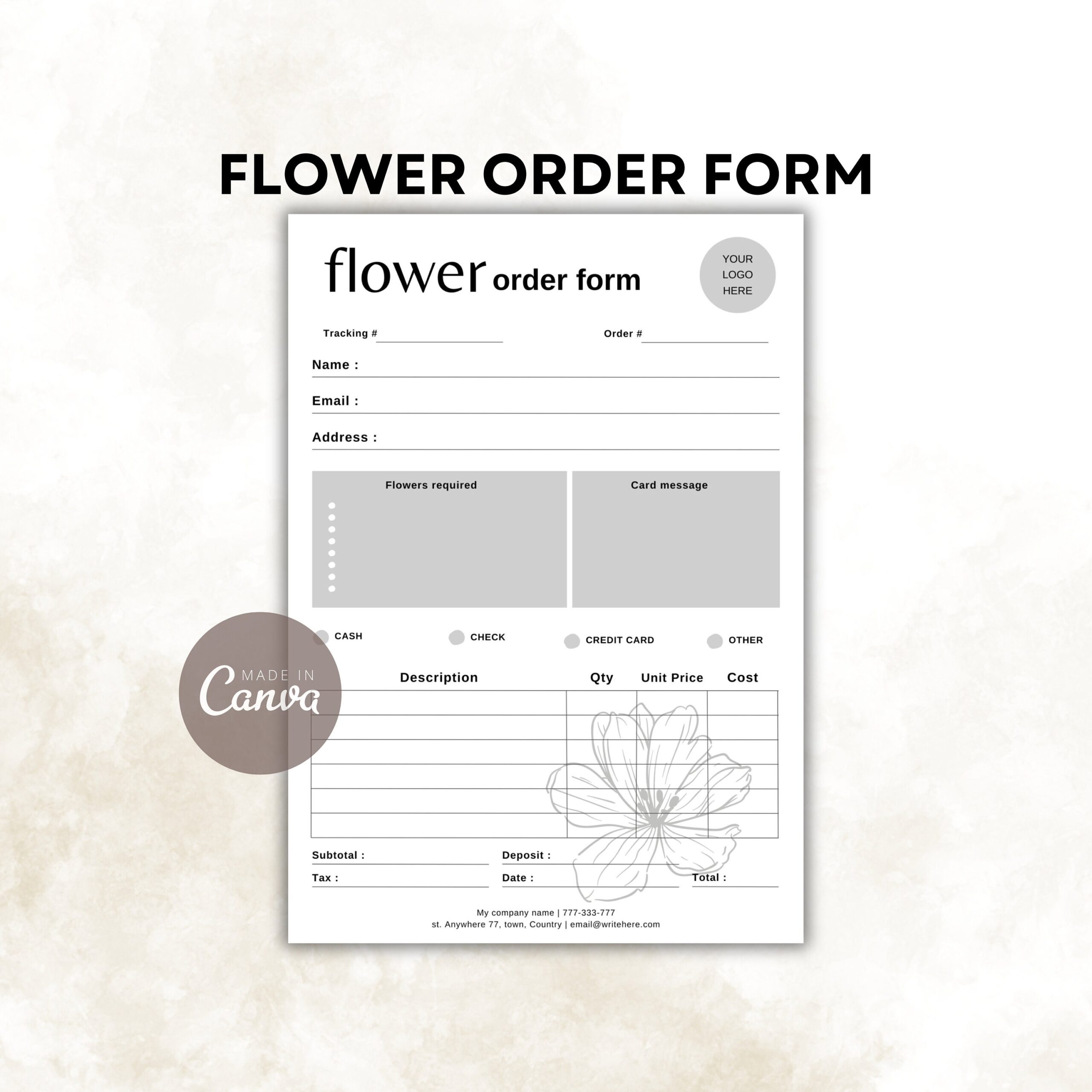 Florist Order Form Canva Template Editable Craft Inventory Client 