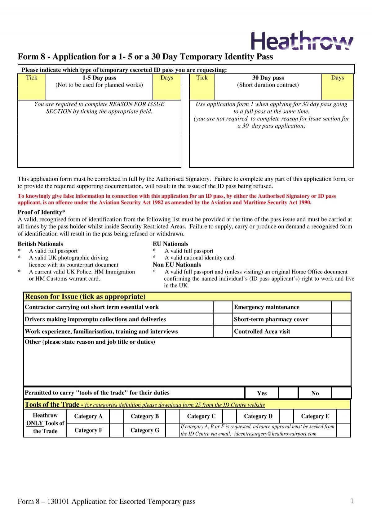 Form 8 Application For A 1 5 Or A 30 Day Heathrow Airport
