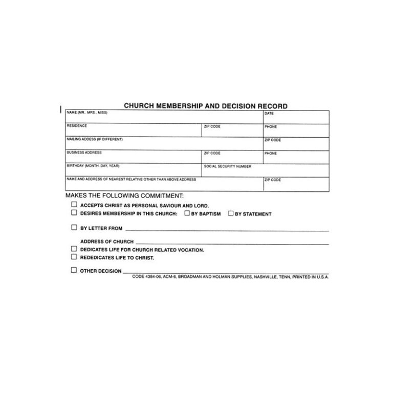 Form Church Membership And Decision Record Form A