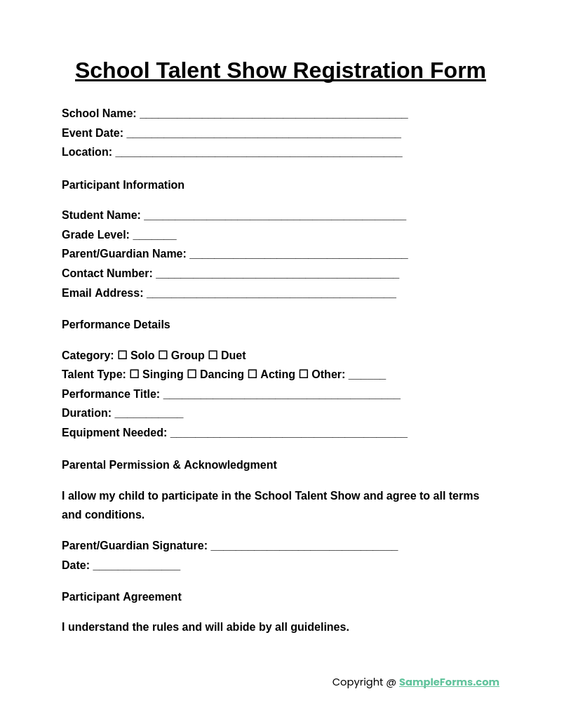 FREE 15 Talent Show Registration Form Samples PDF MS Word 