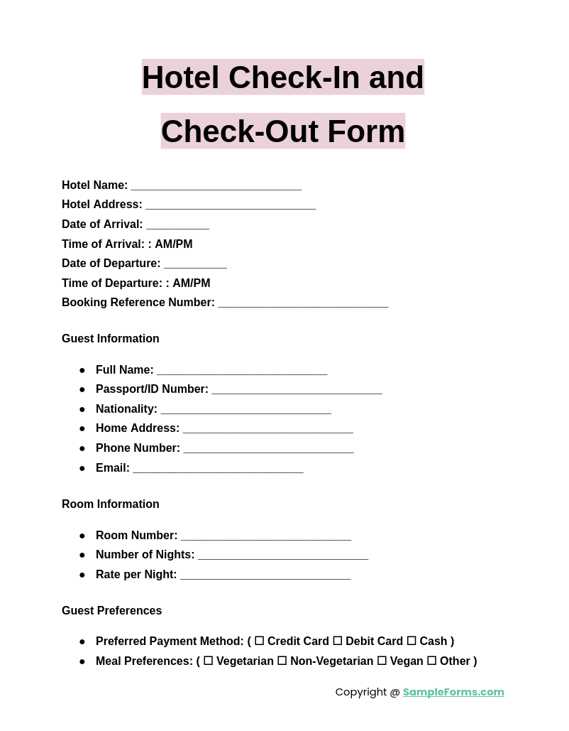 FREE 22 Hotel Check In Form Samples PDF MS Word Google Docs