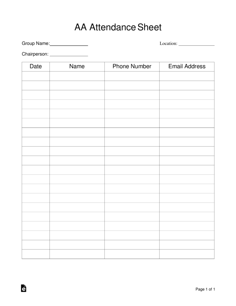 Free Alcoholics Anonymous AA Sign in Attendance Sheet Template 