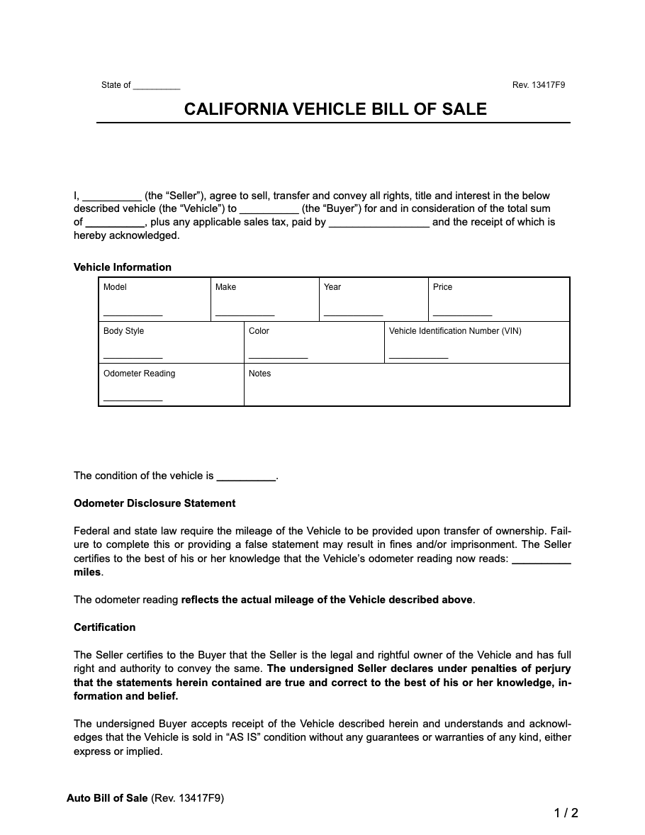 Free California Motor Vehicle Bill Of Sale Form PDF U0026 Word