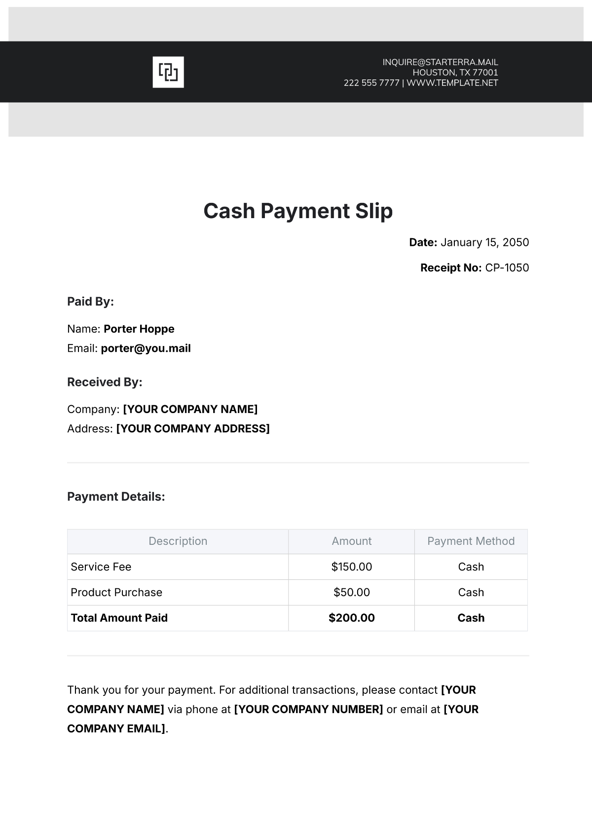 Free Cash Payment Slip Template To Edit Online
