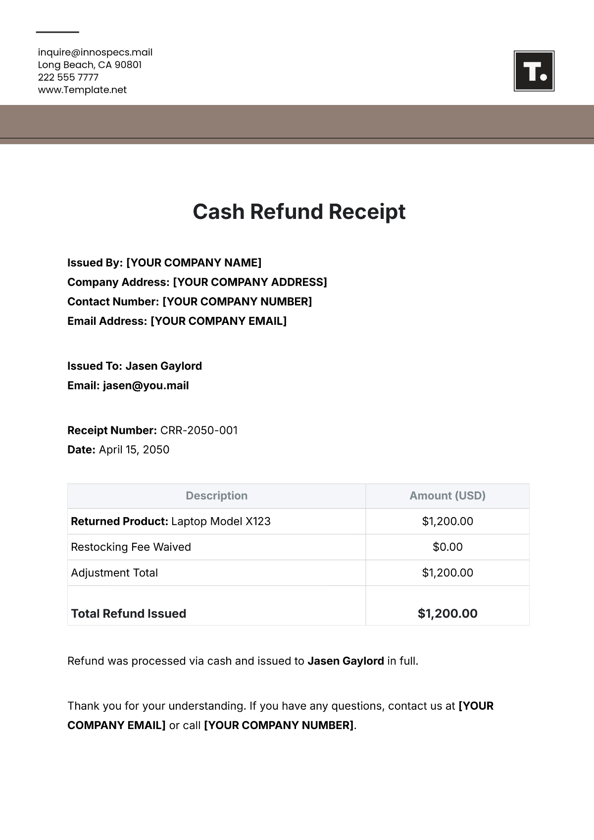 Free Cash Refund Receipt Template To Edit Online