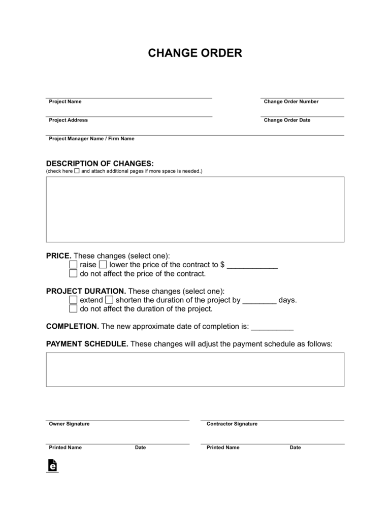 Free Change Order Form Construction PDF Word EForms