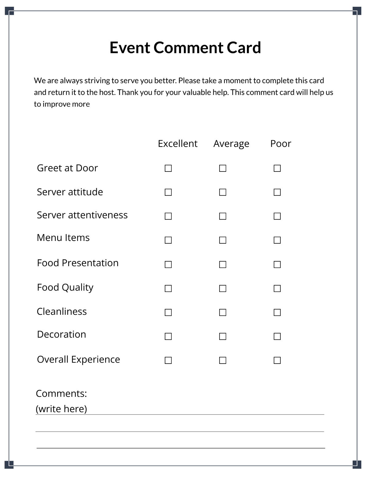 Free Comment Card Templates Editable And Printable