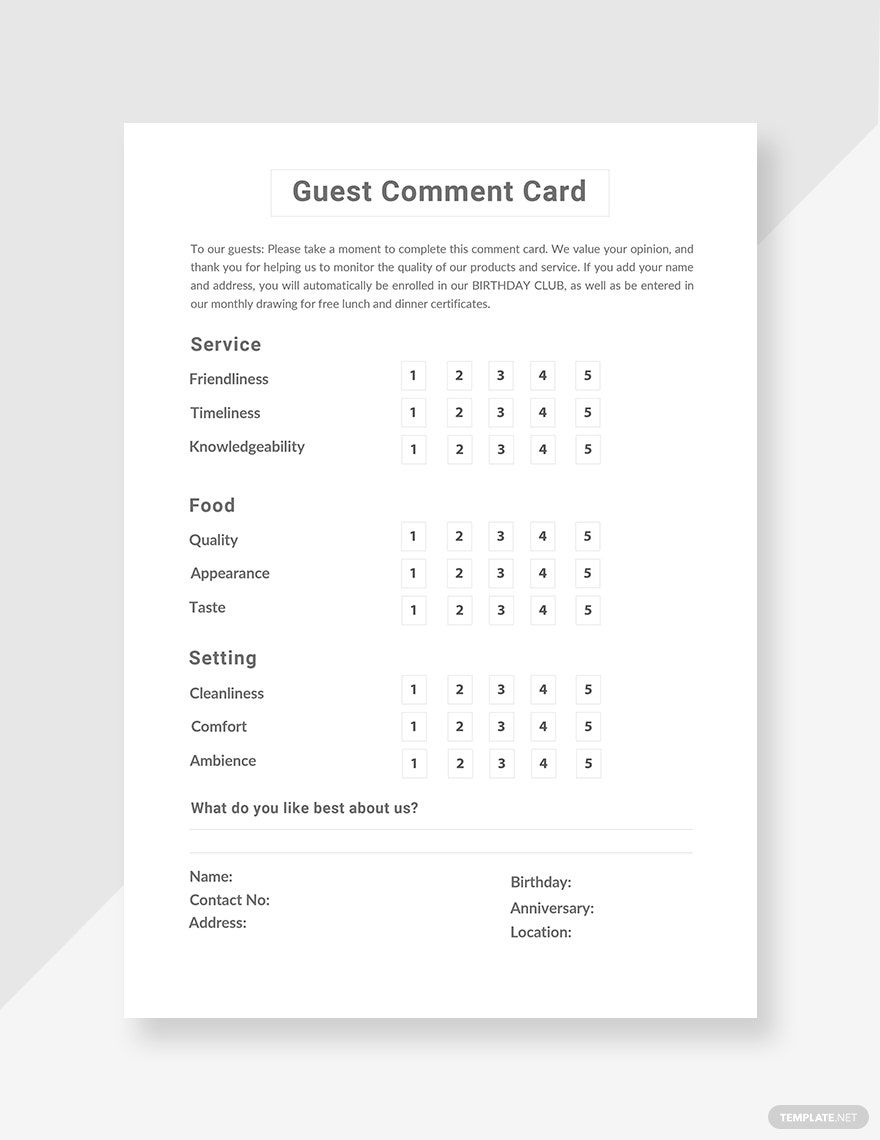 Free Comment Card Templates Editable And Printable