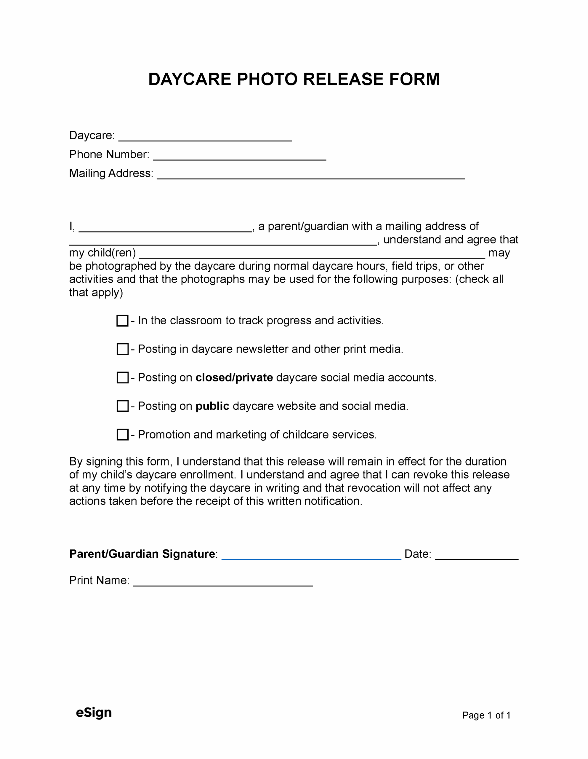 Free Daycare Photo Release Form PDF Word