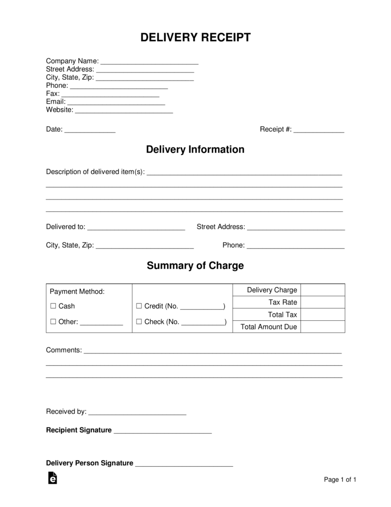 Free Delivery Receipt Template PDF Word EForms