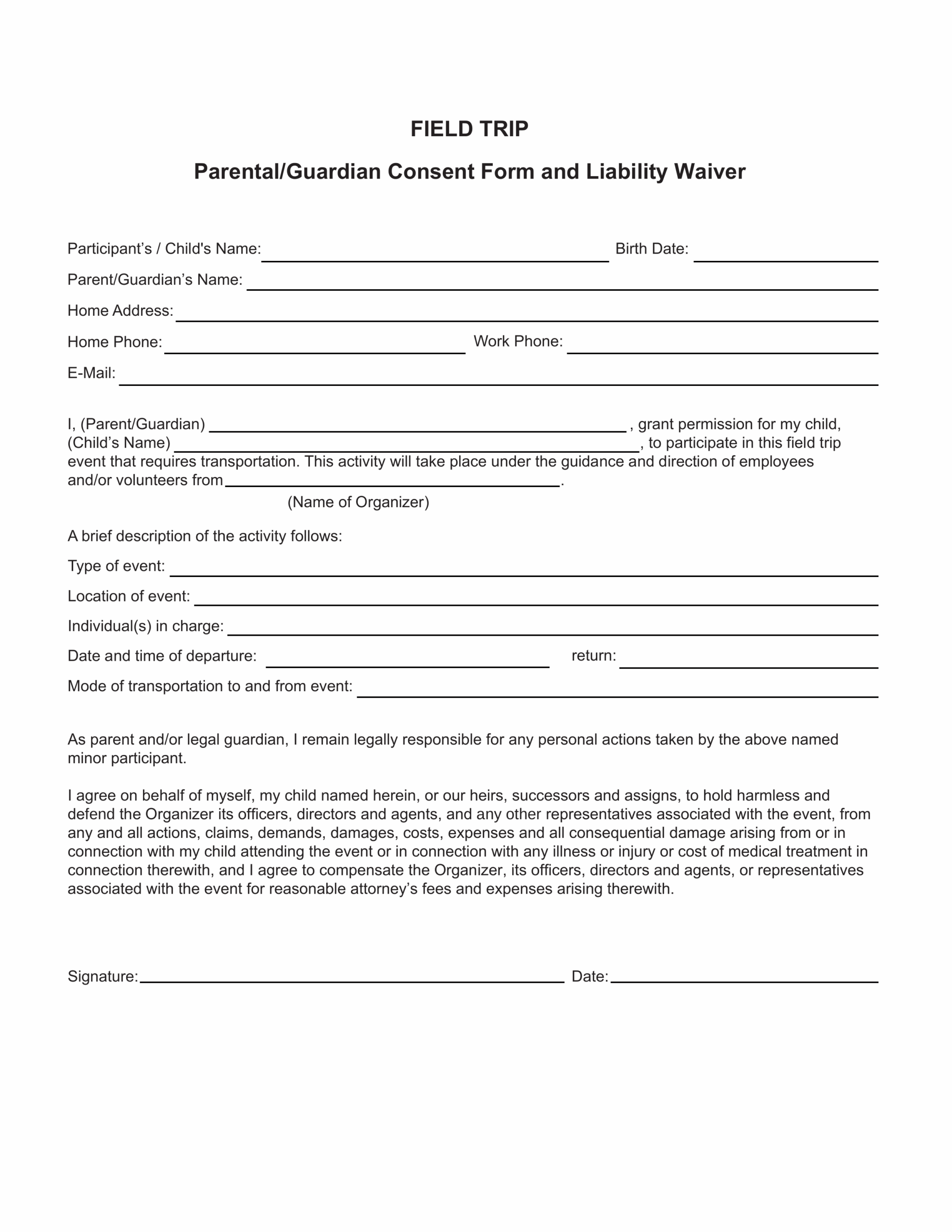 Daycare Field Trip Permission Slip Template