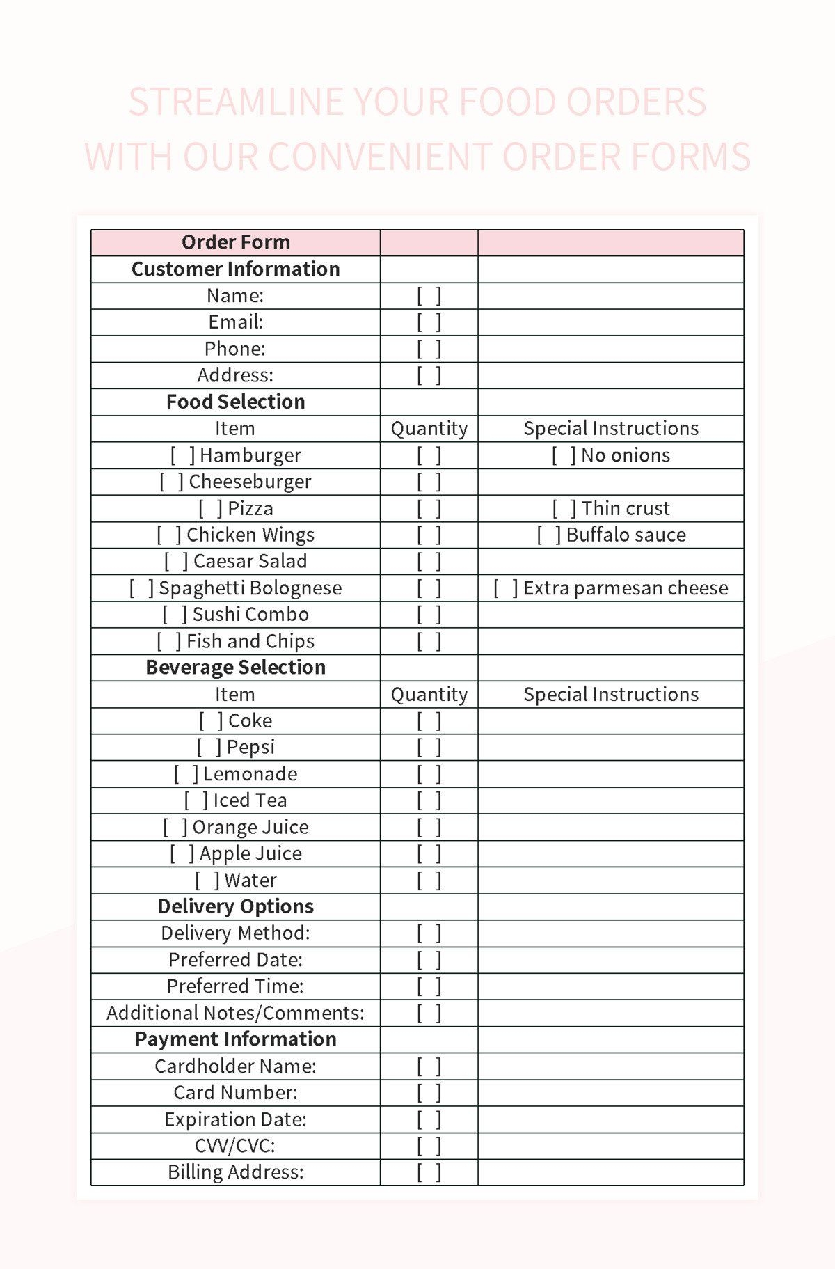 Food Order Slip Template