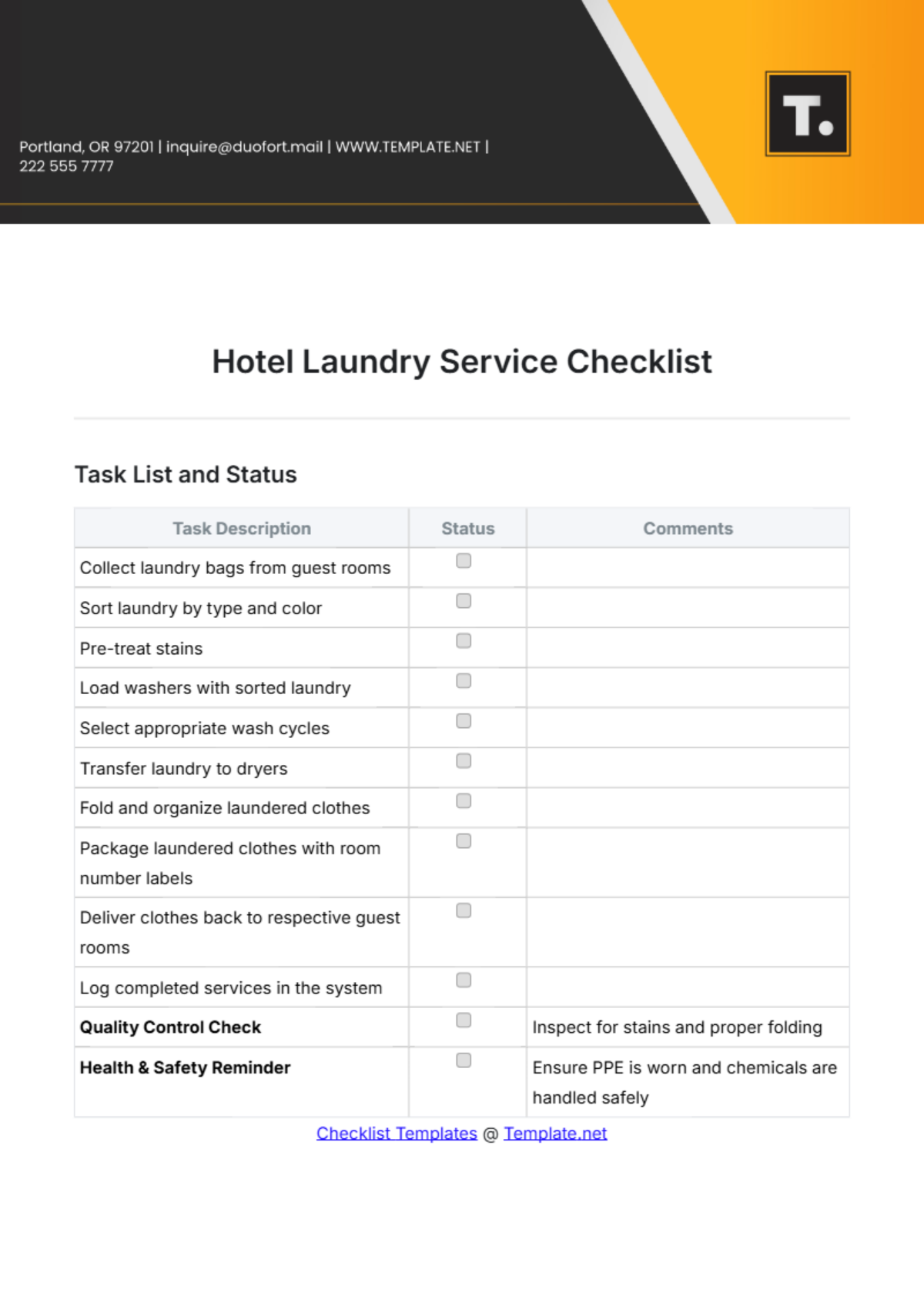 Free Hotel Laundry Service Checklist Template To Edit Online