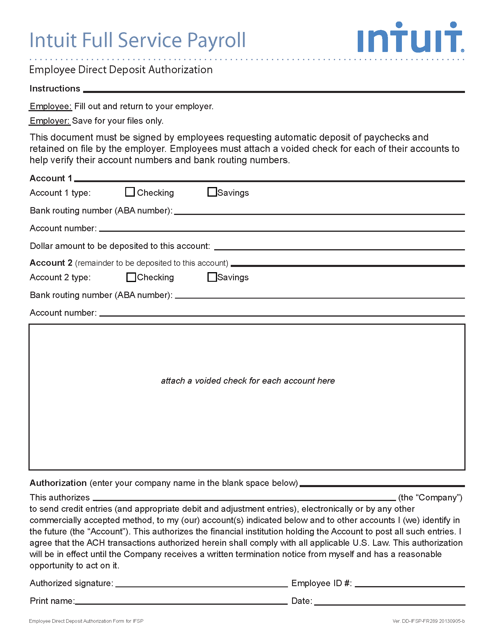 Free Intuit QuickBooks Direct Deposit Form PDF