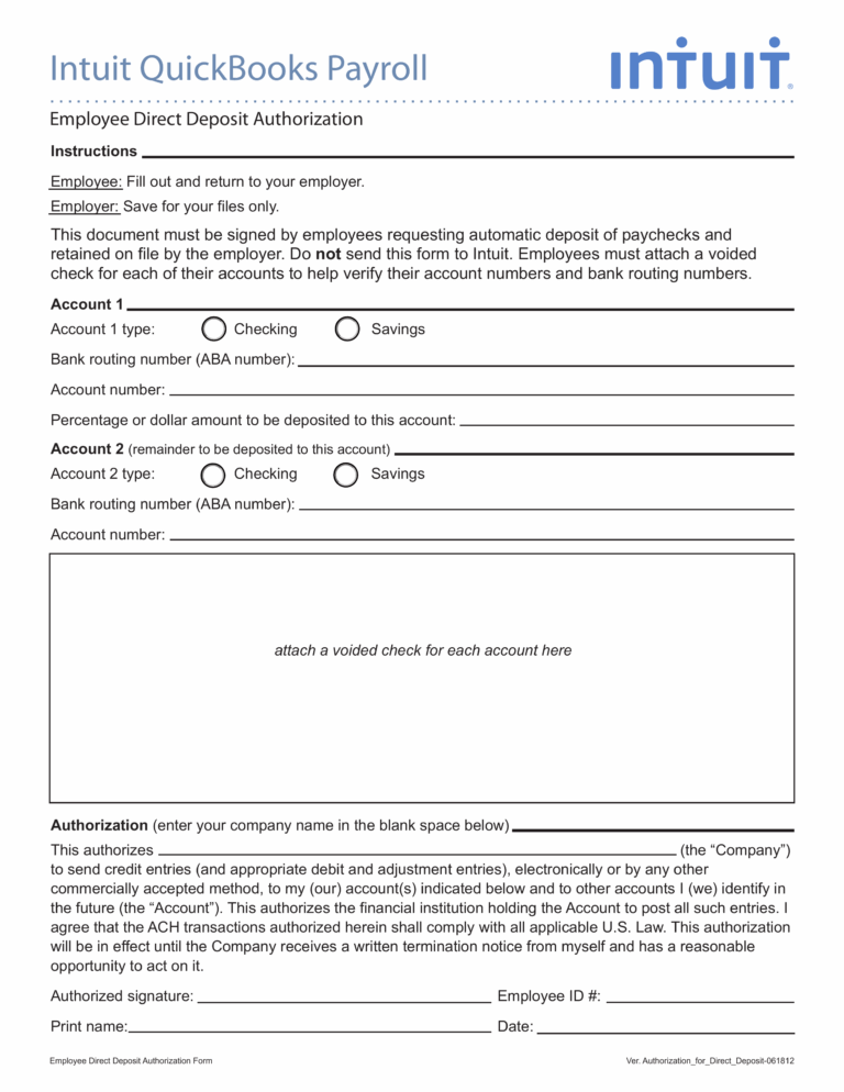 Free Intuit Quickbooks Payroll Direct Deposit Form PDF EForms