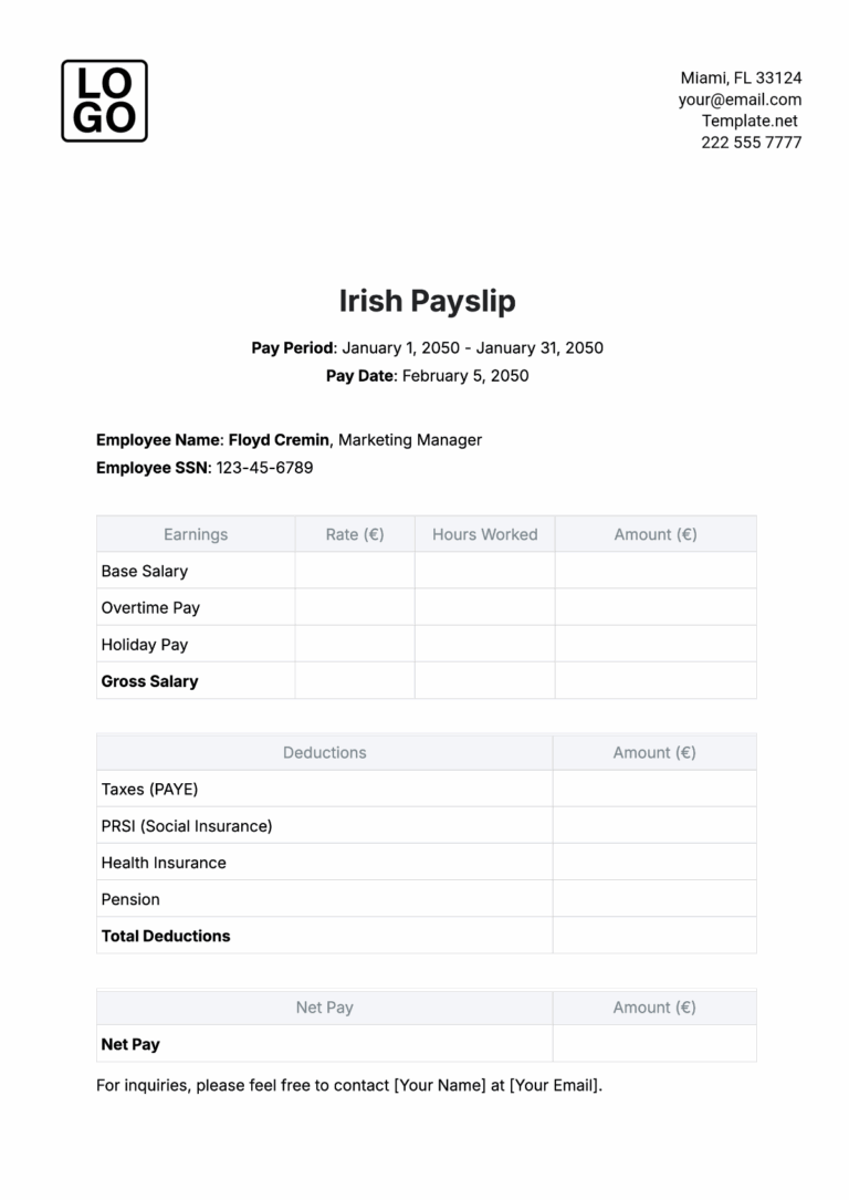 Free Irish Payslip Template To Edit Online