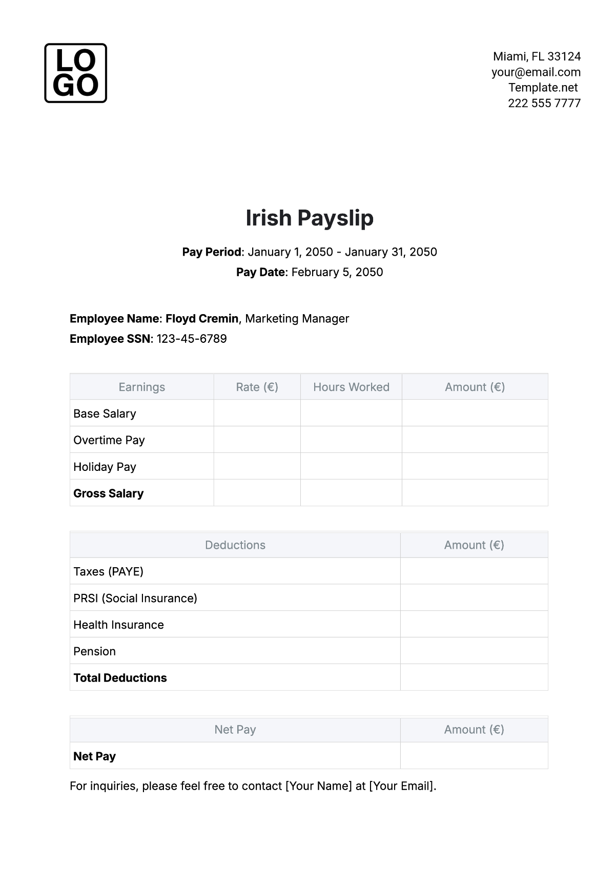 Free Irish Payslip Template To Edit Online